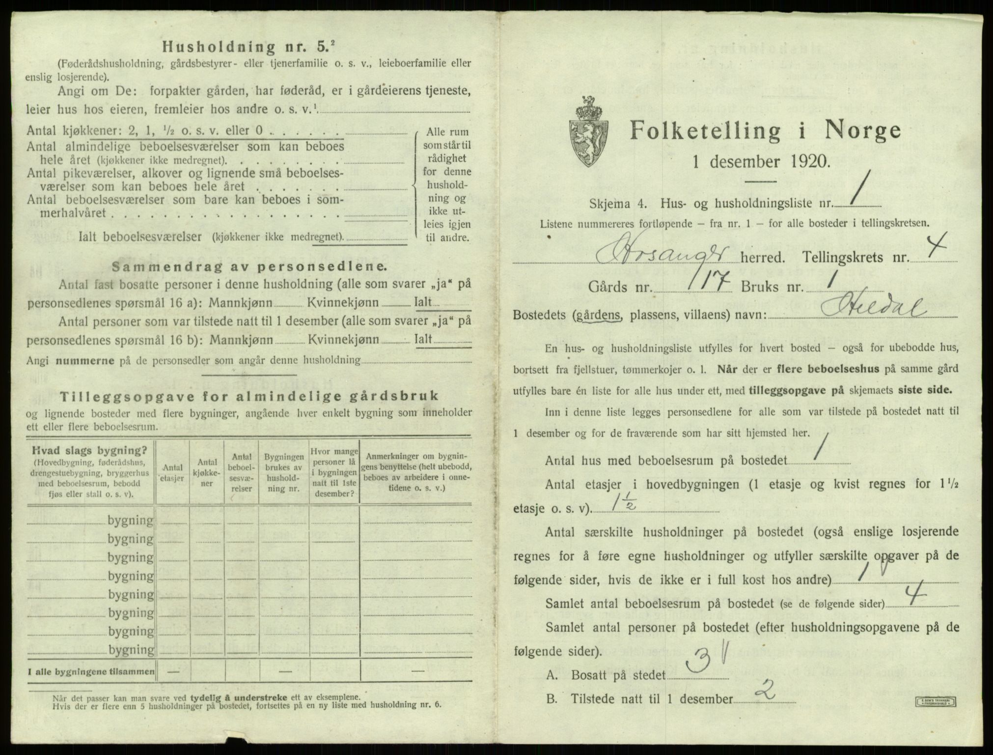 SAB, 1920 census for Hosanger, 1920, p. 190