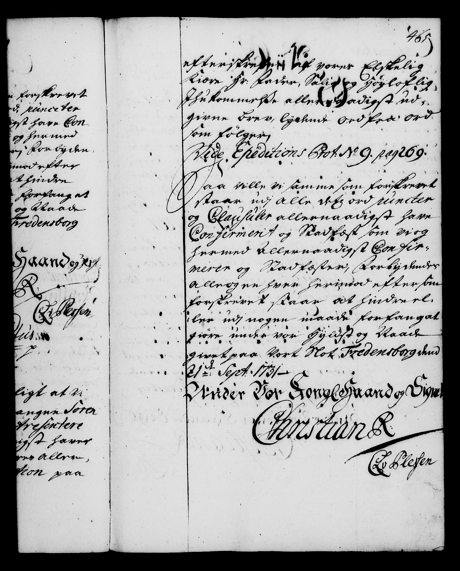 Rentekammeret, Kammerkanselliet, RA/EA-3111/G/Gg/Gga/L0003: Norsk ekspedisjonsprotokoll med register (merket RK 53.3), 1727-1734, p. 465
