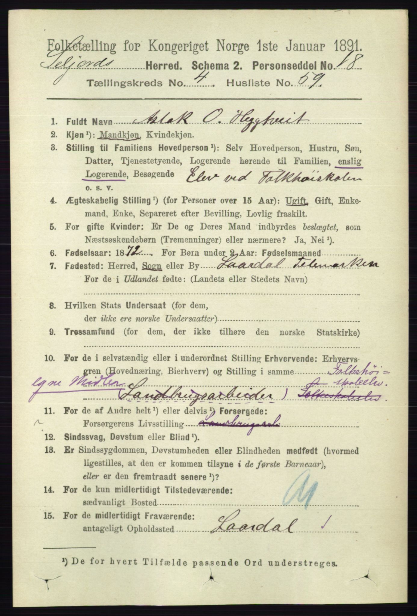RA, 1891 census for 0828 Seljord, 1891, p. 1639