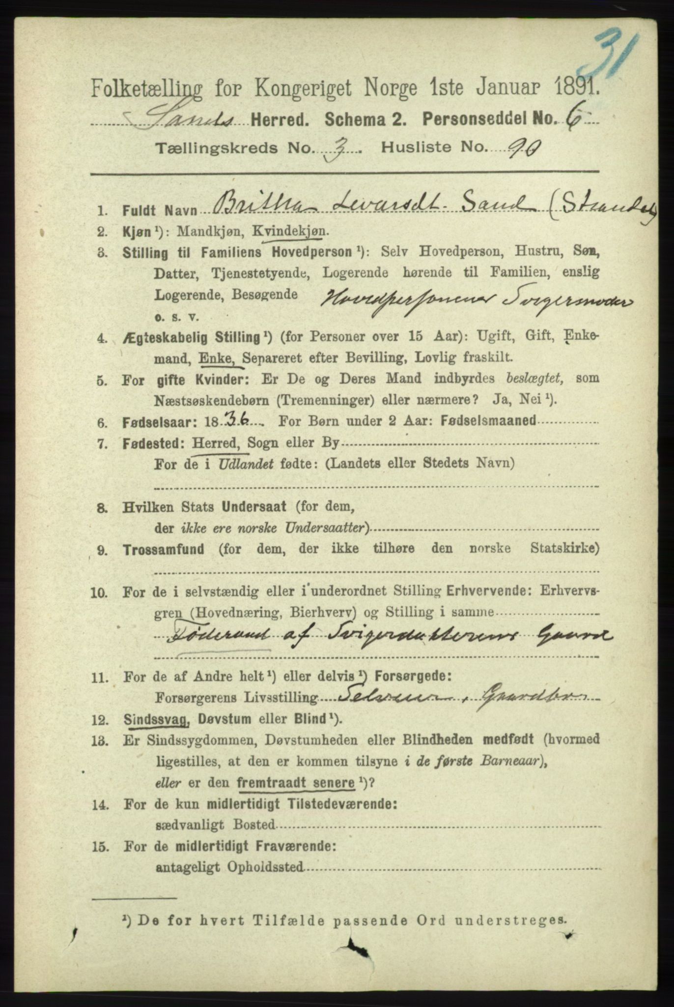 RA, 1891 census for 1136 Sand, 1891, p. 1150