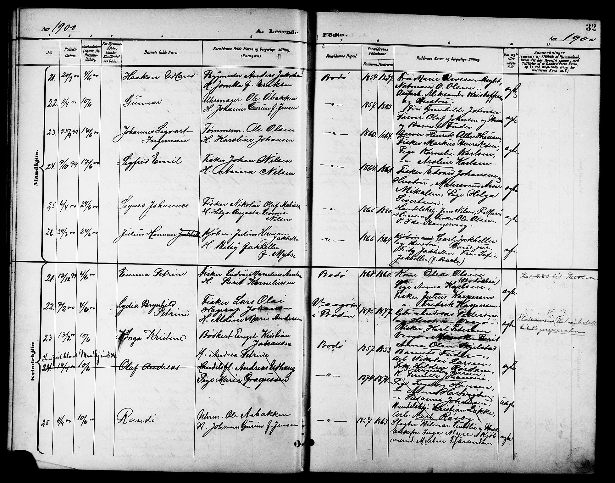 Ministerialprotokoller, klokkerbøker og fødselsregistre - Nordland, AV/SAT-A-1459/801/L0033: Parish register (copy) no. 801C08, 1898-1910, p. 32