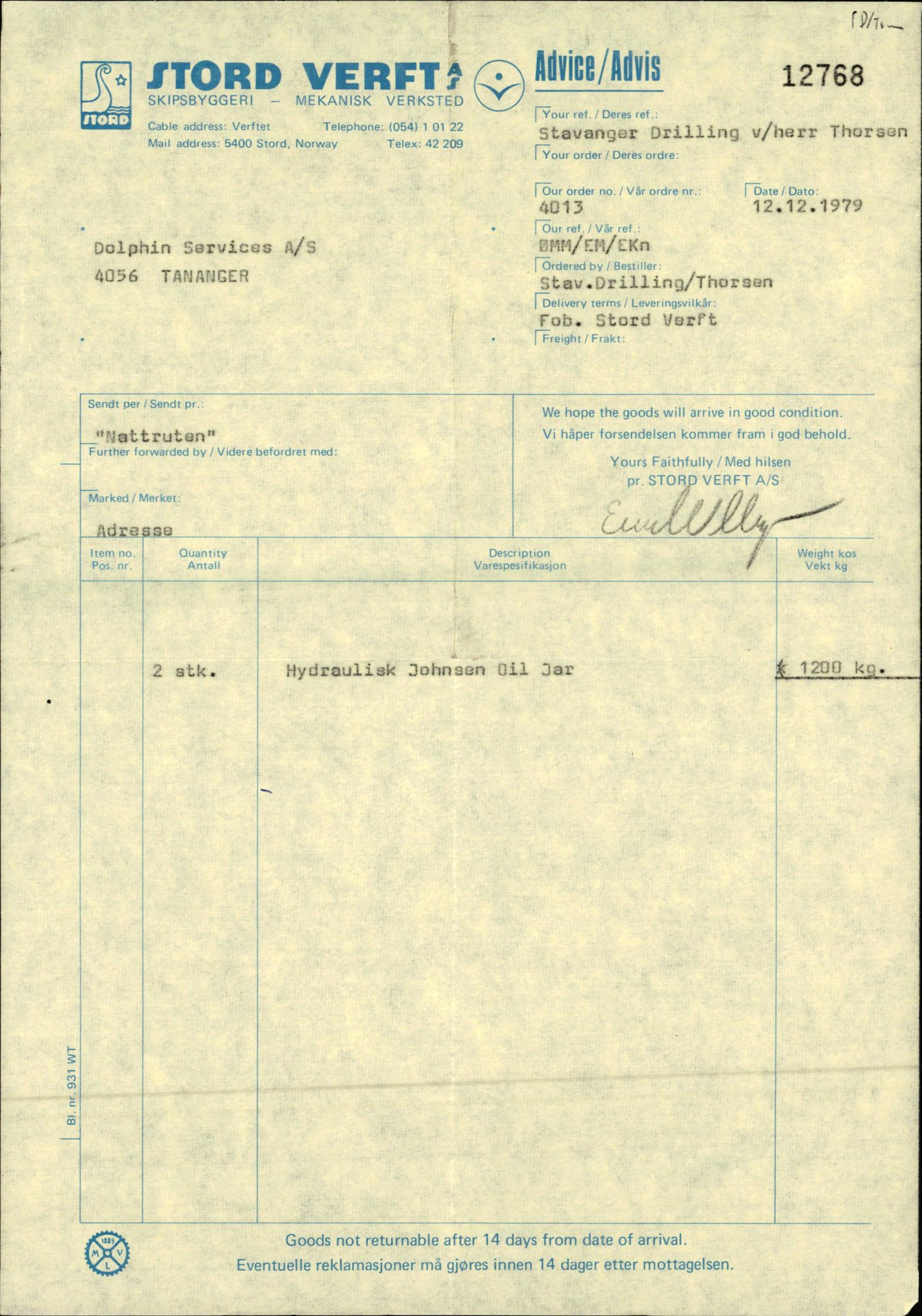 Pa 1503 - Stavanger Drilling AS, AV/SAST-A-101906/2/E/Ec/Eca/L0002: Korrespondanse, 1974-1982