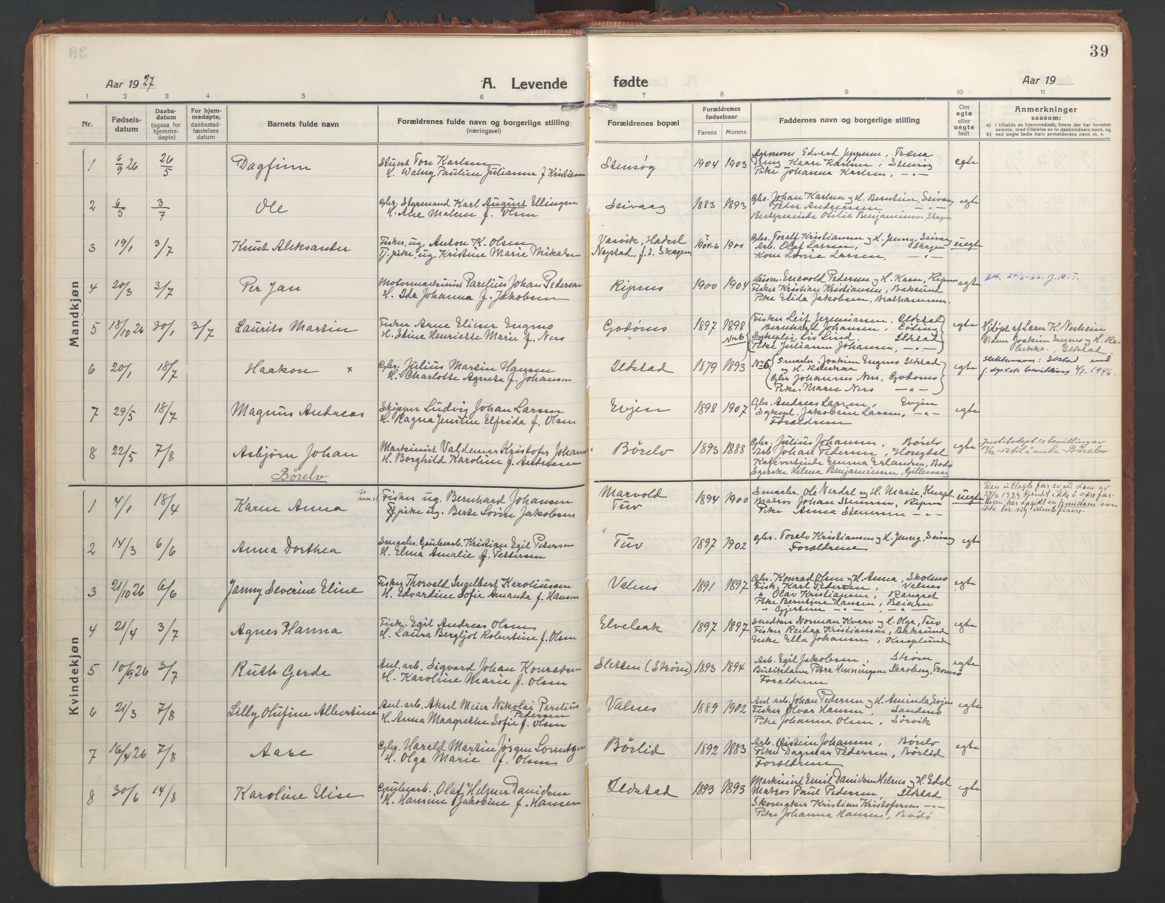 Ministerialprotokoller, klokkerbøker og fødselsregistre - Nordland, SAT/A-1459/804/L0086: Parish register (official) no. 804A07, 1916-1935, p. 39