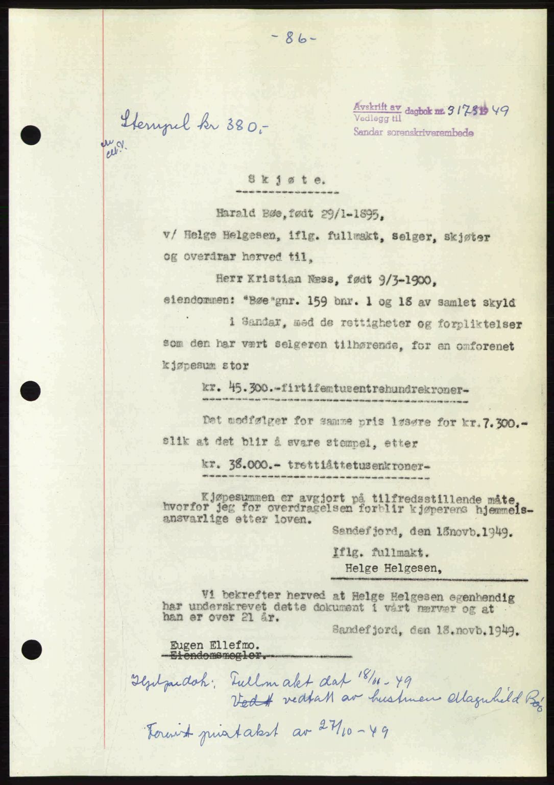 Sandar sorenskriveri, AV/SAKO-A-86/G/Ga/Gaa/L0020: Mortgage book no. A-20, 1949-1950, Diary no: : 3173/1949