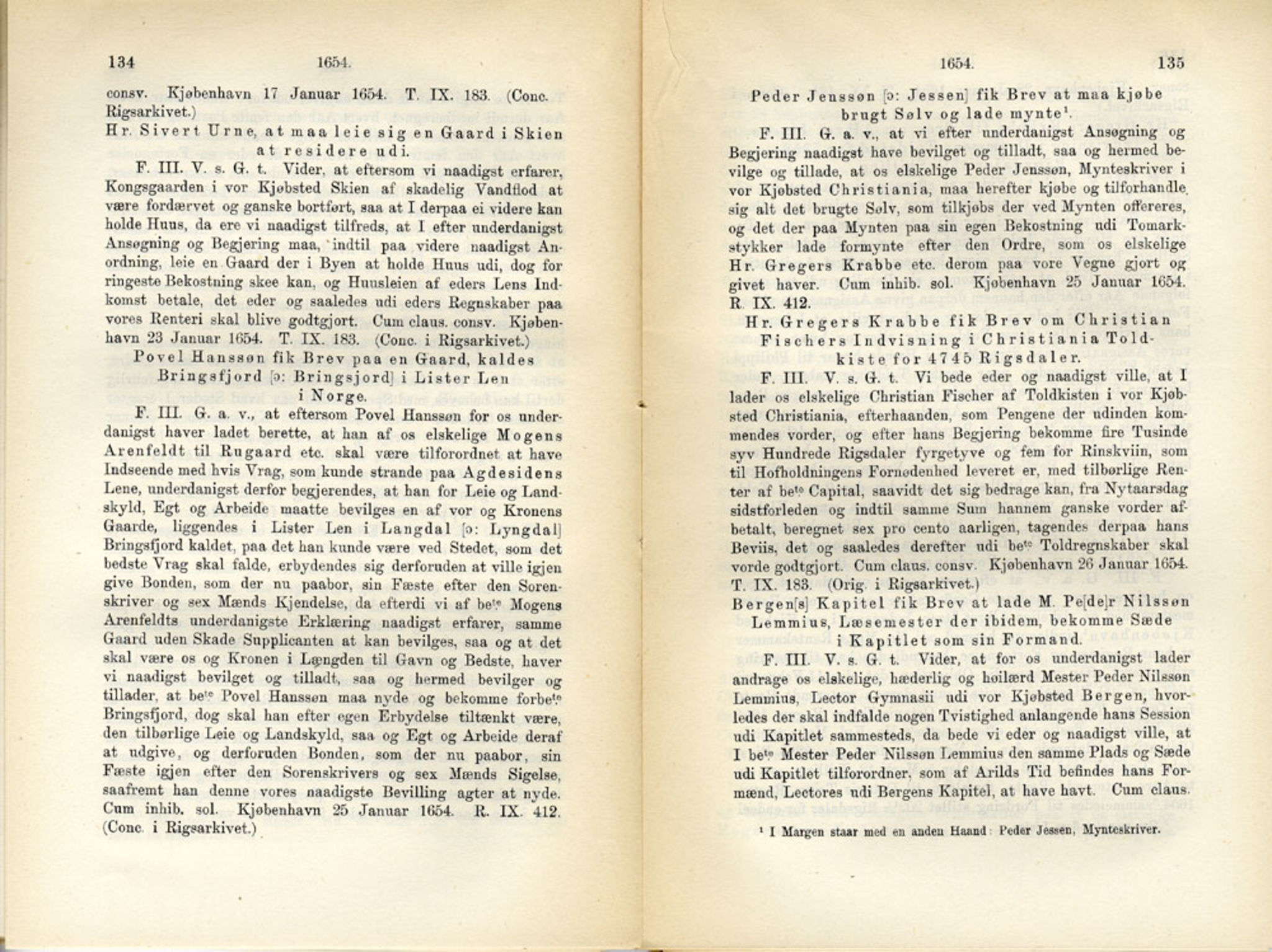 Publikasjoner utgitt av Det Norske Historiske Kildeskriftfond, PUBL/-/-/-: Norske Rigs-Registranter, bind 11, 1653-1656, p. 134-135