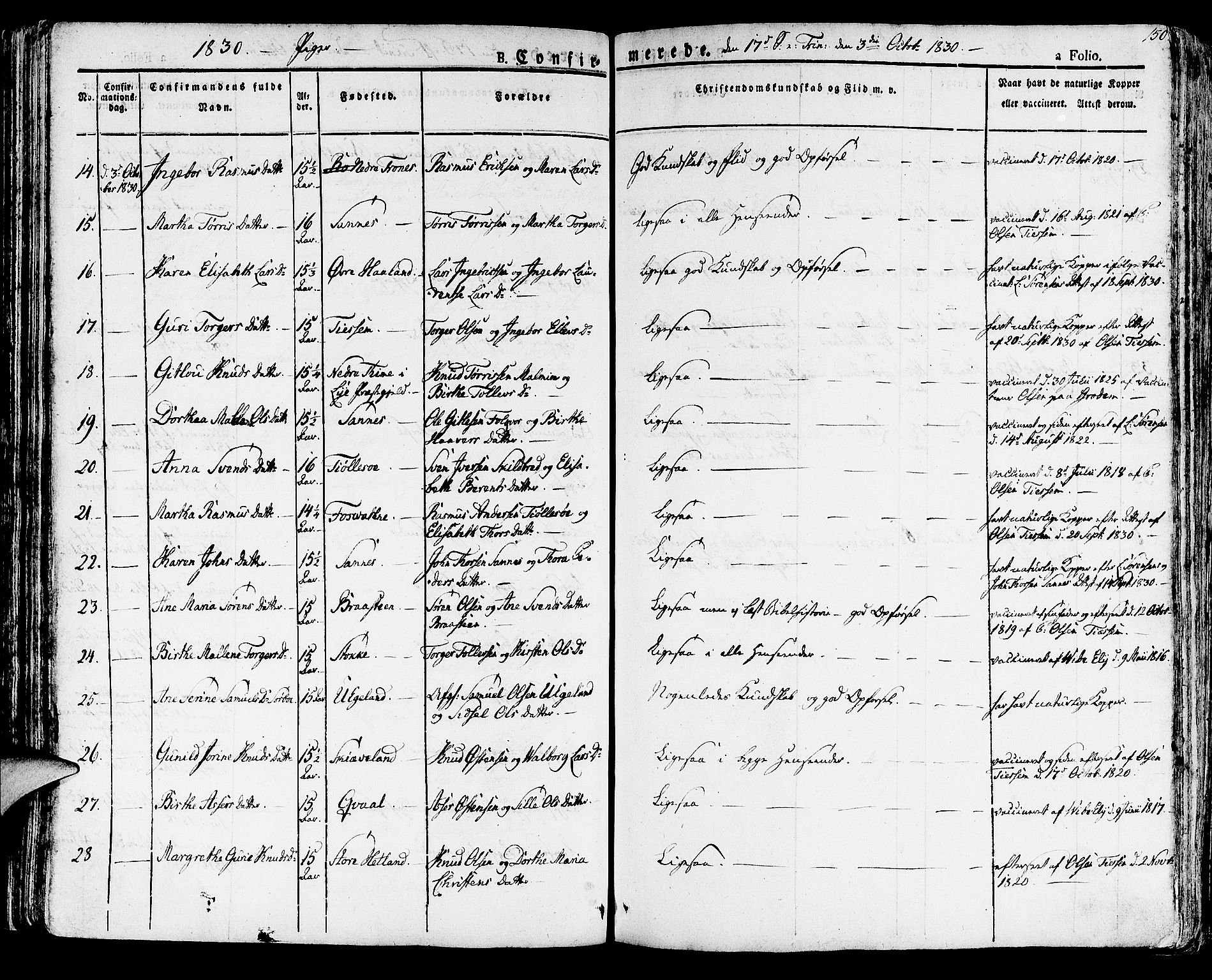 Høyland sokneprestkontor, SAST/A-101799/001/30BA/L0007: Parish register (official) no. A 7 /1, 1825-1841, p. 150