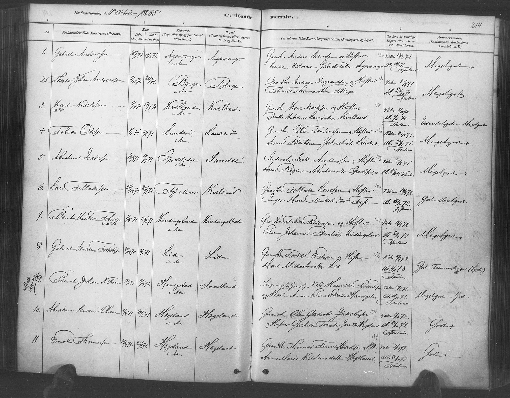 Lyngdal sokneprestkontor, AV/SAK-1111-0029/F/Fa/Fac/L0011: Parish register (official) no. A 11, 1878-1893, p. 214