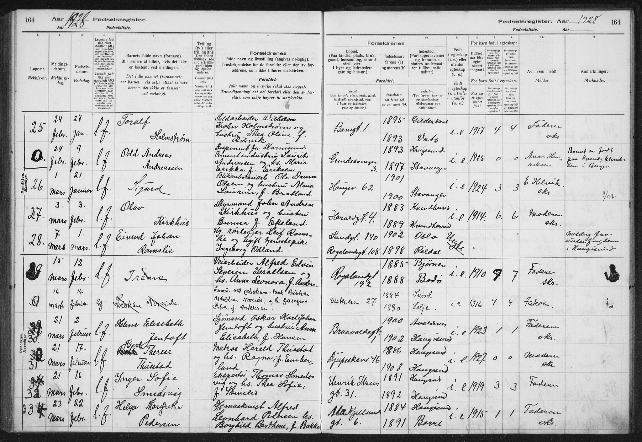 Haugesund sokneprestkontor, AV/SAST-A -101863/I/Id/L0005: Birth register no. 3, 1923-1929, p. 164