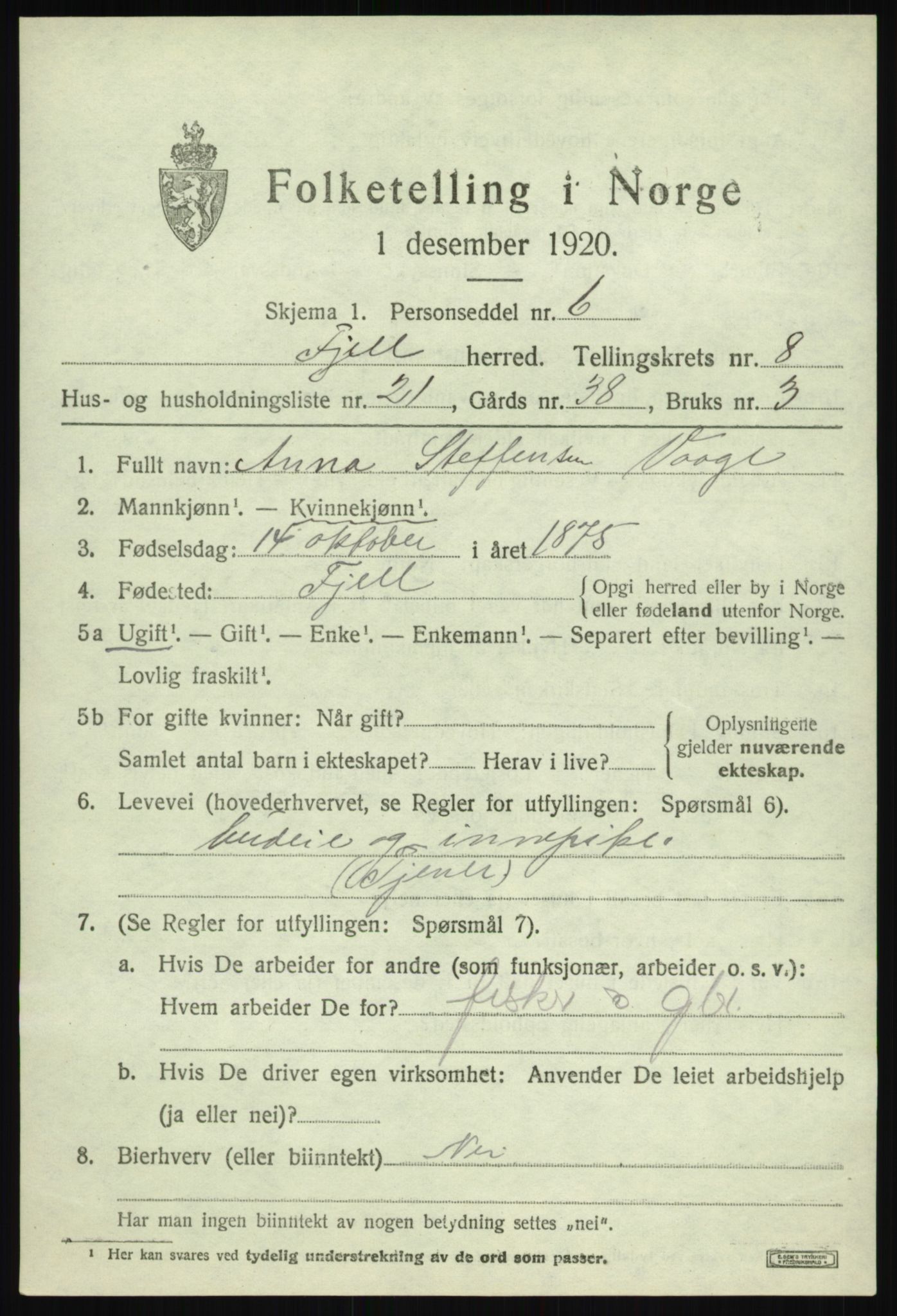 SAB, 1920 census for Fjell, 1920, p. 7414