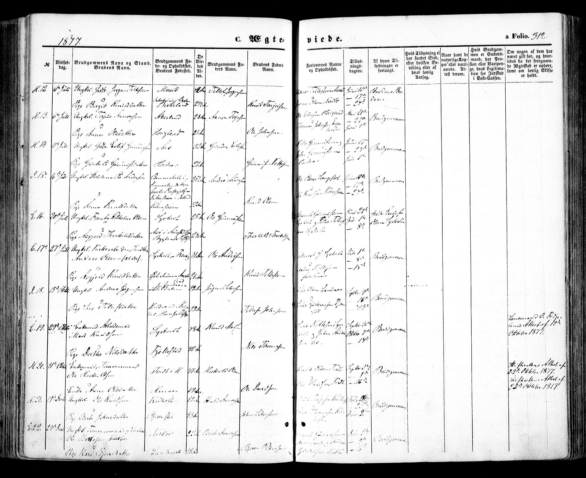 Evje sokneprestkontor, AV/SAK-1111-0008/F/Fa/Faa/L0006: Parish register (official) no. A 6, 1866-1884, p. 312