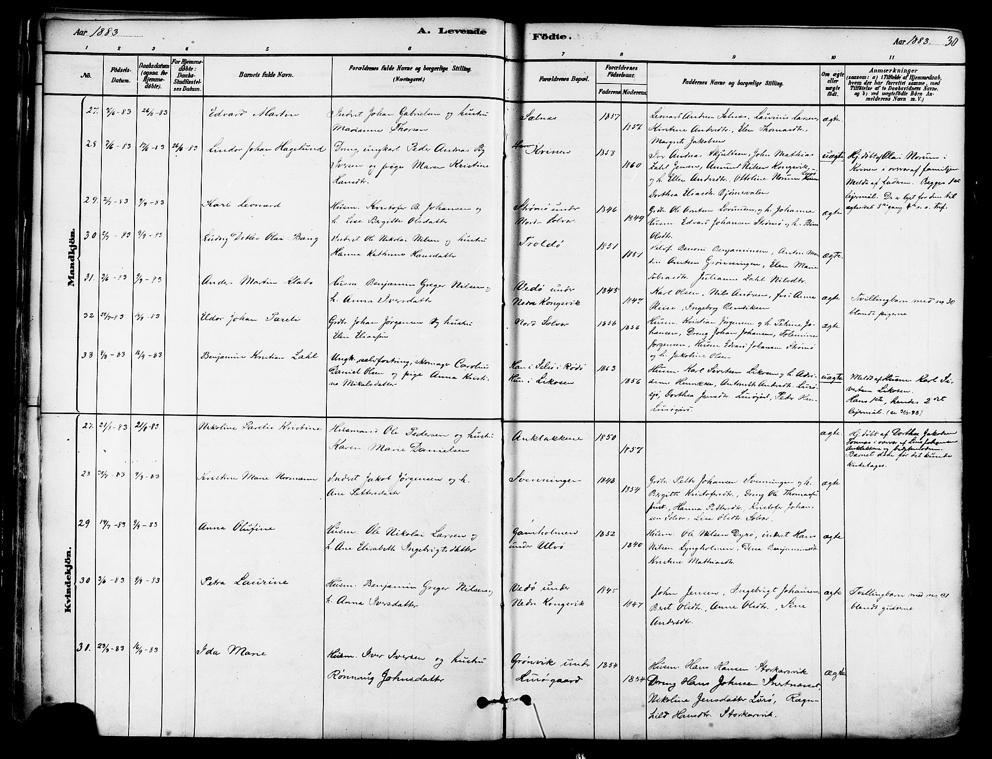 Ministerialprotokoller, klokkerbøker og fødselsregistre - Nordland, SAT/A-1459/839/L0568: Parish register (official) no. 839A05, 1880-1902, p. 30