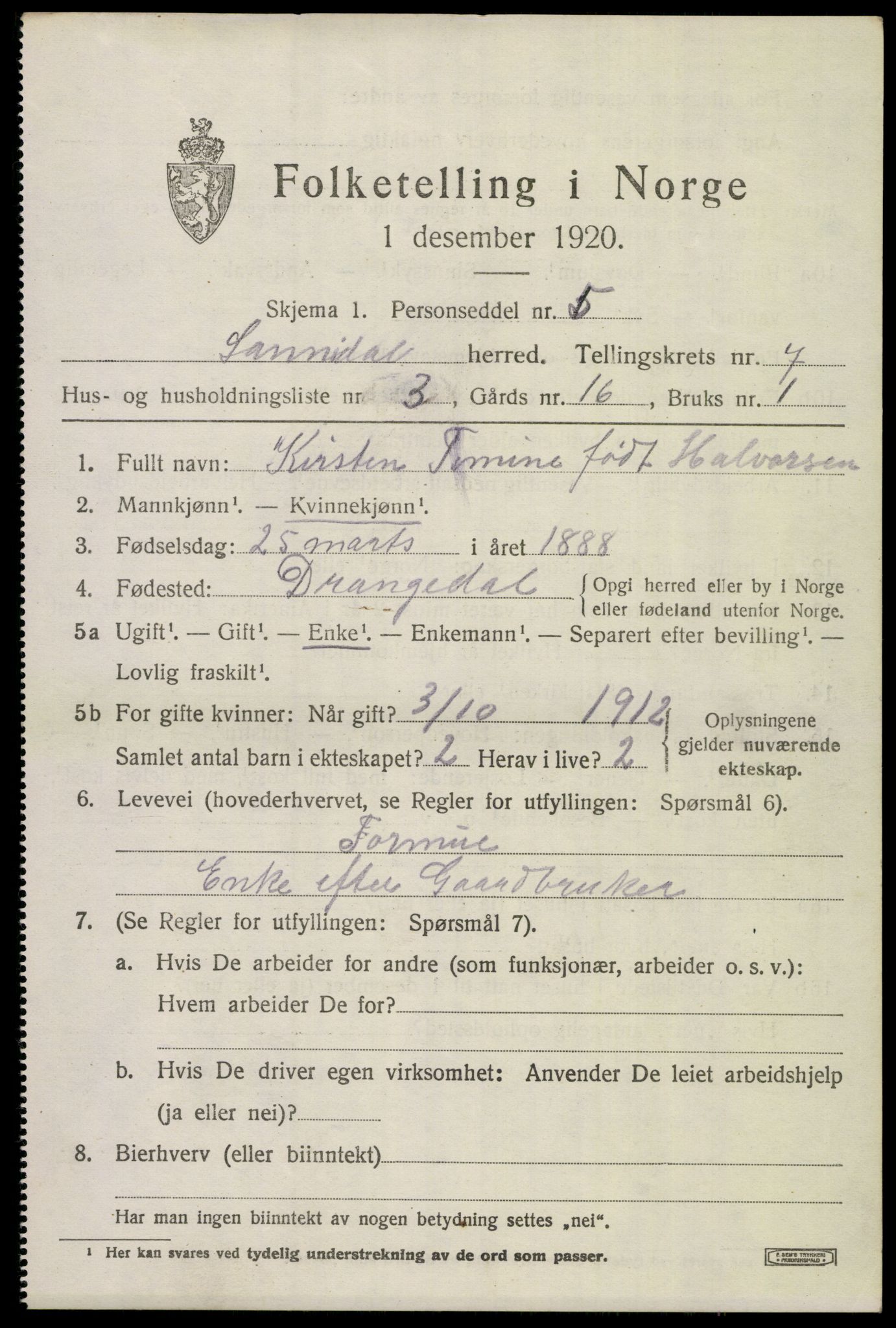 SAKO, 1920 census for Sannidal, 1920, p. 4945