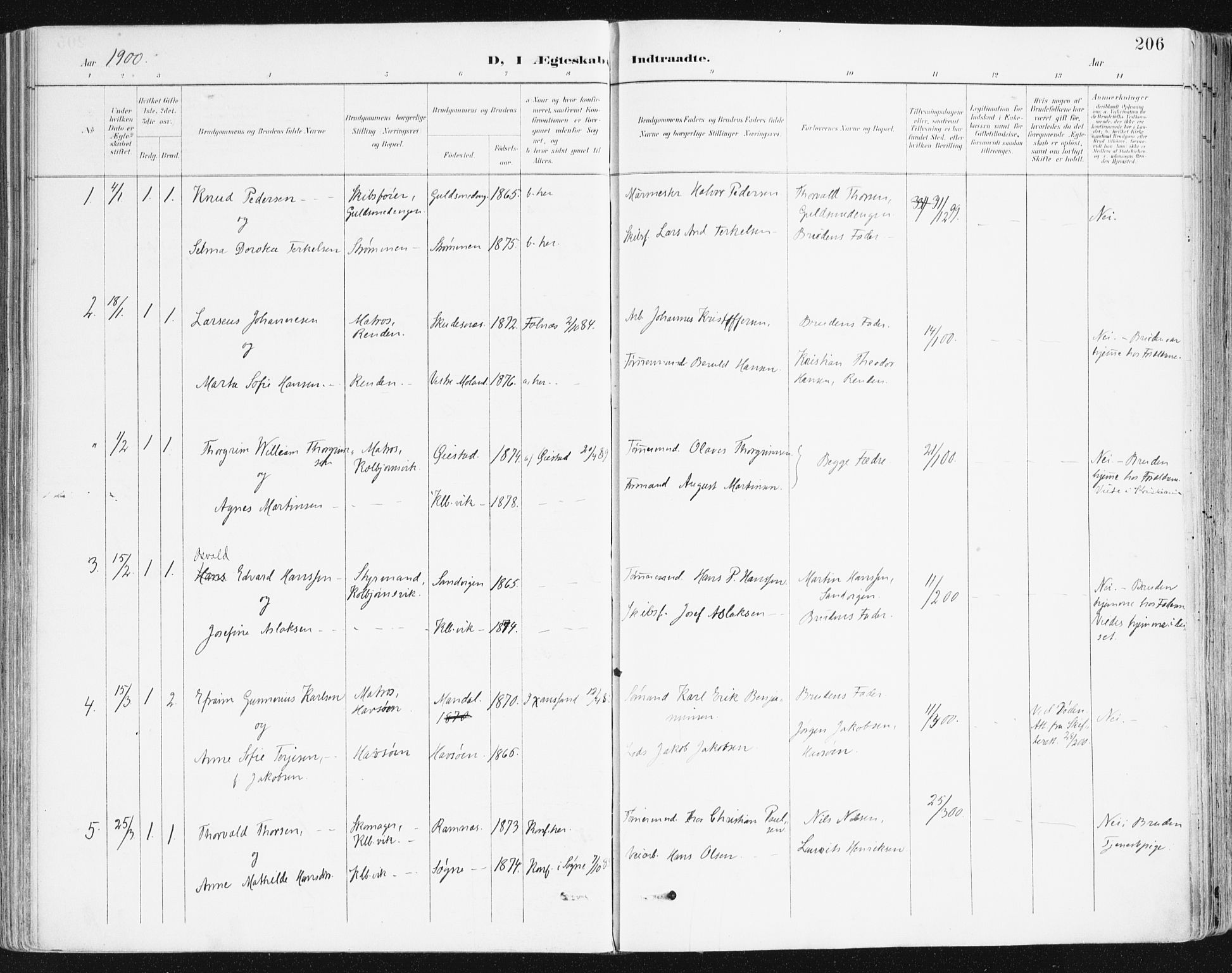 Hisøy sokneprestkontor, AV/SAK-1111-0020/F/Fa/L0004: Parish register (official) no. A 4, 1895-1917, p. 206