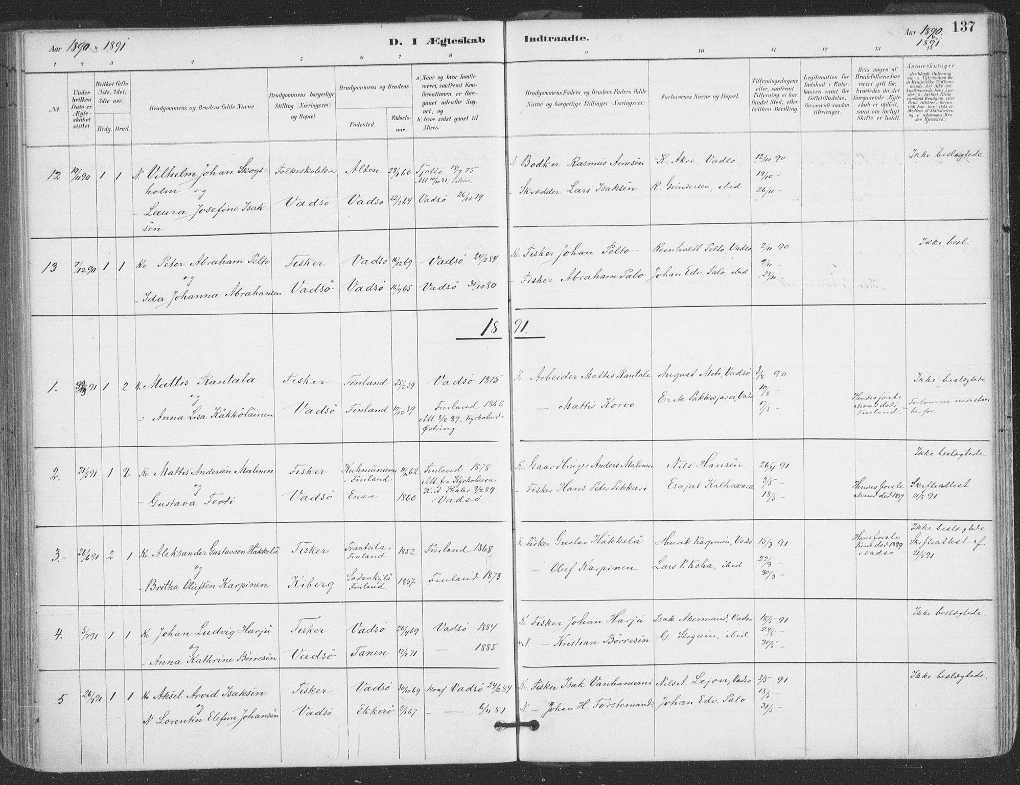 Vadsø sokneprestkontor, SATØ/S-1325/H/Ha/L0006kirke: Parish register (official) no. 6, 1885-1895, p. 137