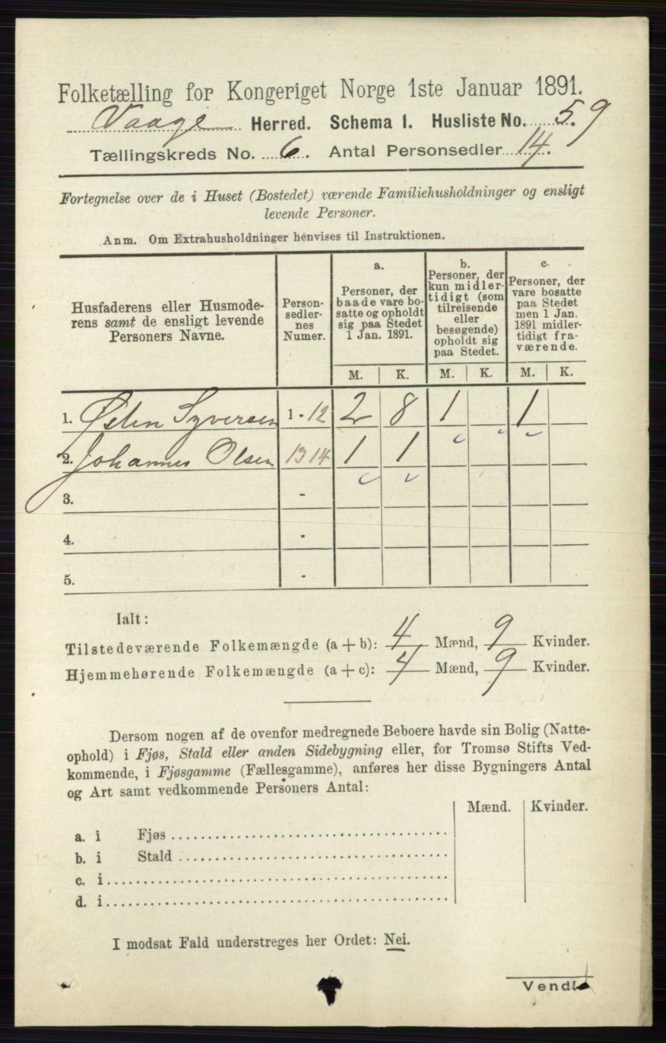 RA, 1891 census for 0515 Vågå, 1891, p. 3892