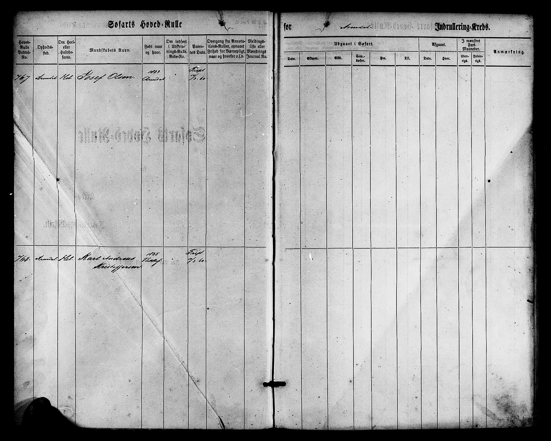 Arendal mønstringskrets, SAK/2031-0012/F/Fb/L0009: Hovedrulle nr 767-1532, S-7, 1857-1864, p. 2