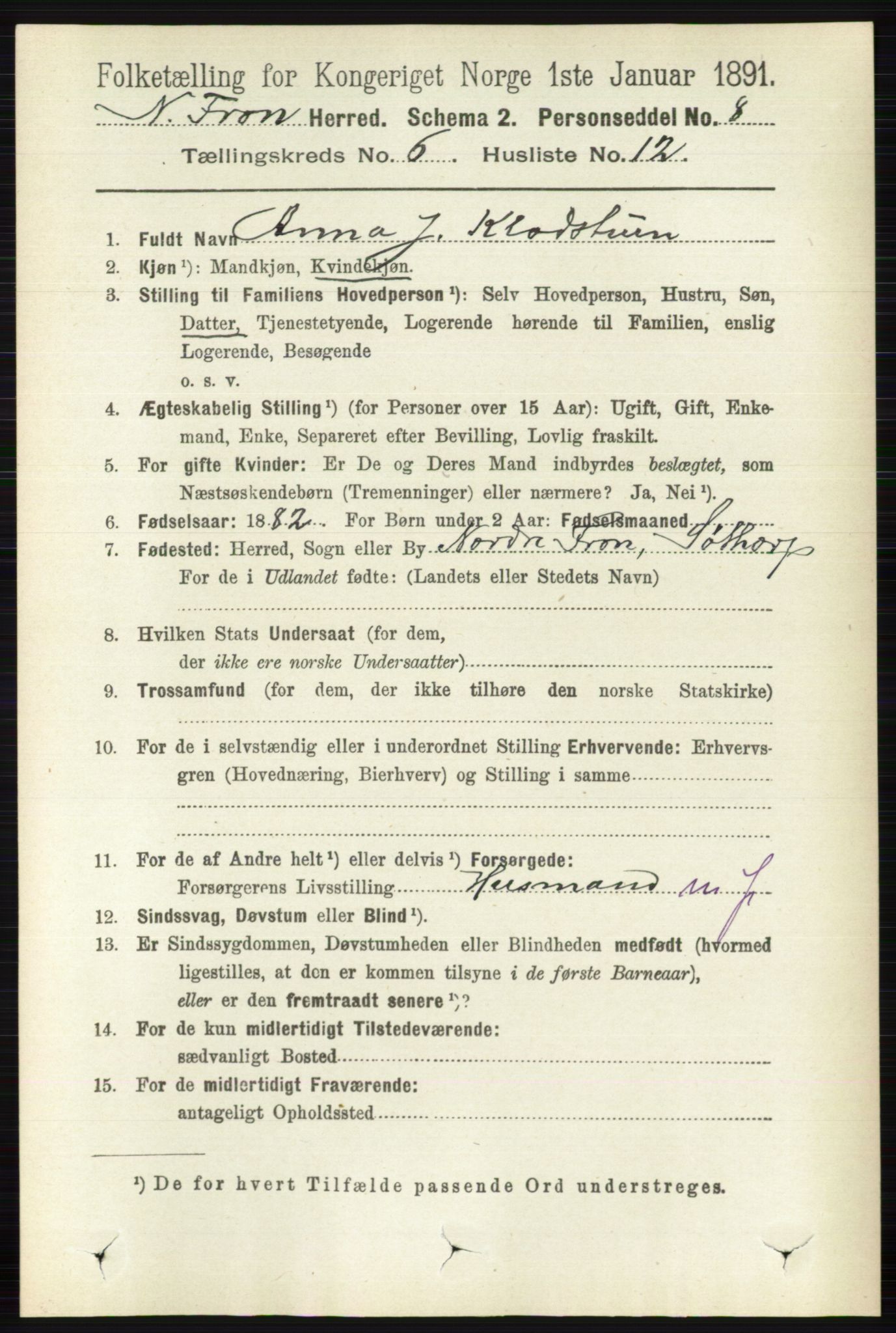 RA, 1891 census for 0518 Nord-Fron, 1891, p. 2316