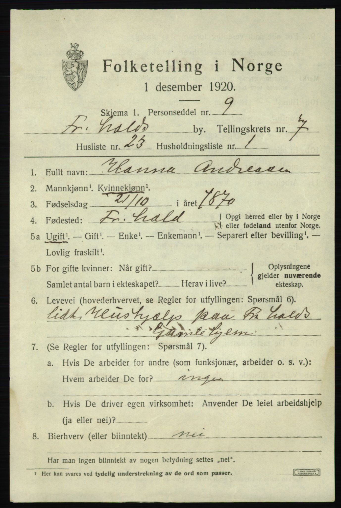 SAO, 1920 census for Fredrikshald, 1920, p. 14358
