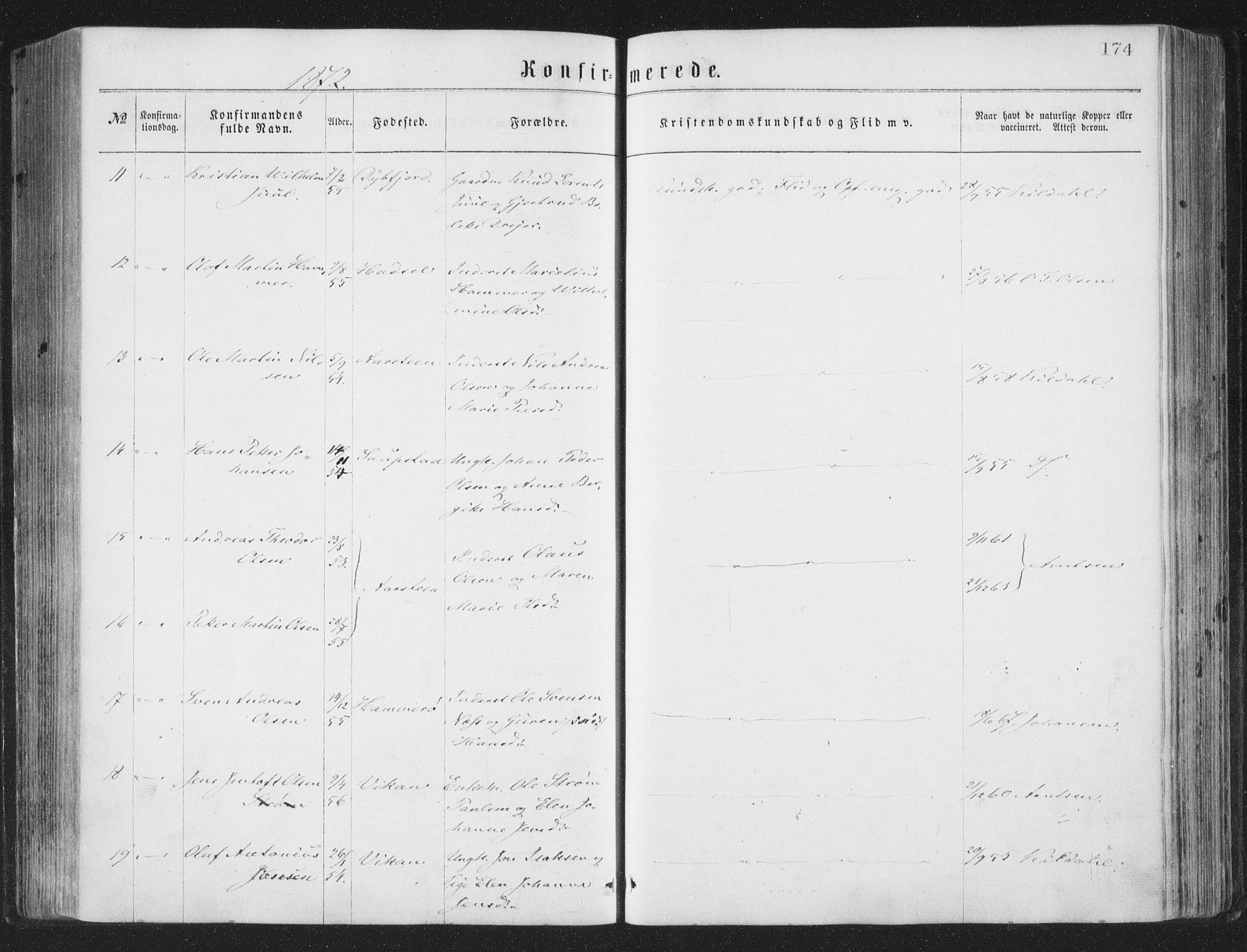 Ministerialprotokoller, klokkerbøker og fødselsregistre - Nordland, AV/SAT-A-1459/874/L1057: Parish register (official) no. 874A01, 1866-1877, p. 174