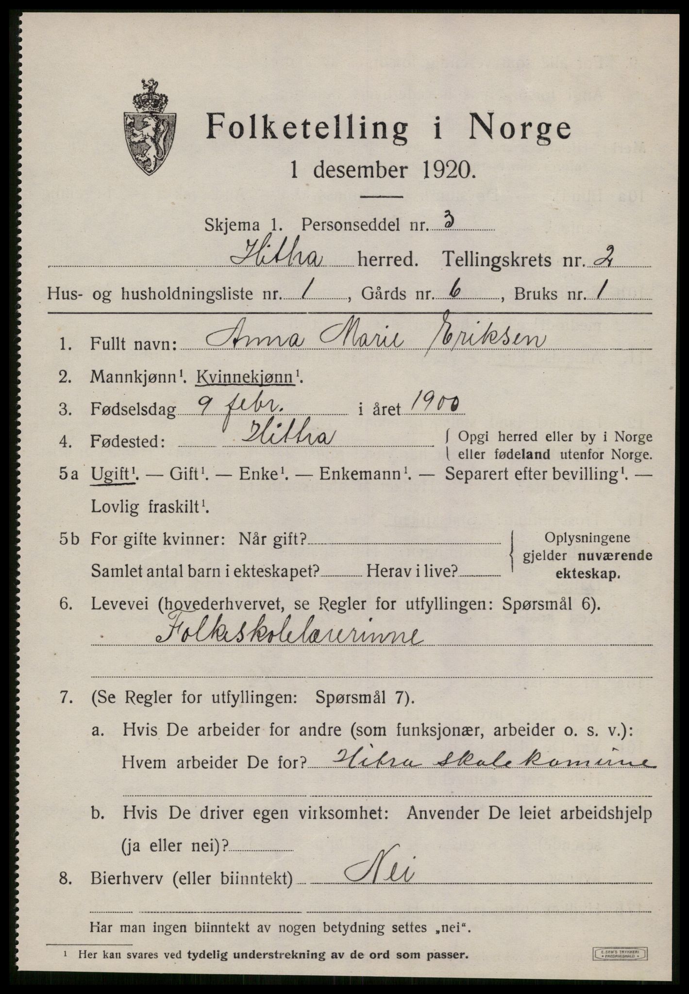 SAT, 1920 census for Hitra, 1920, p. 765