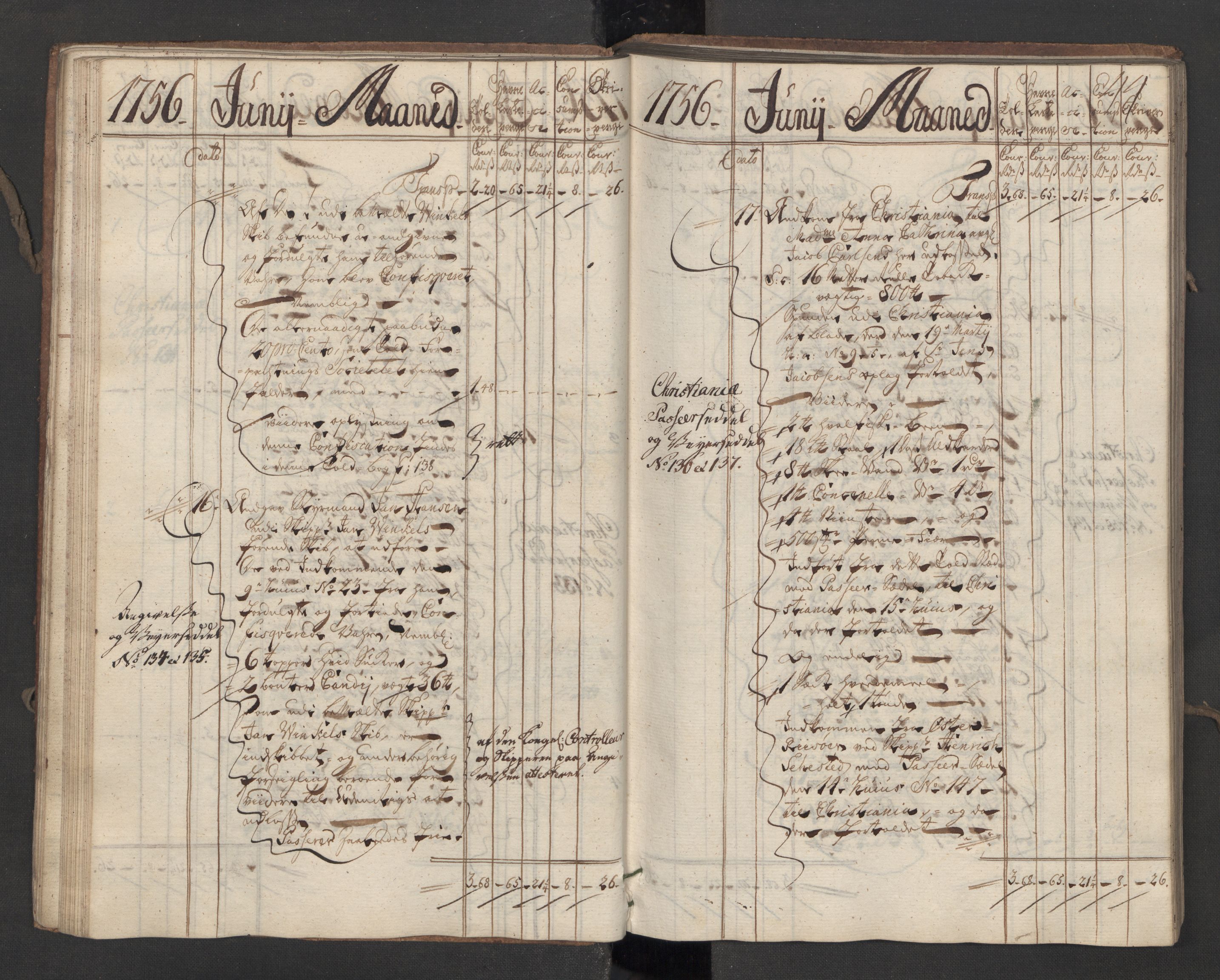 Generaltollkammeret, tollregnskaper, AV/RA-EA-5490/R07/L0016/0001: Tollregnskaper Sand / Inngående hovedtollbok, 1756, p. 43b-44a