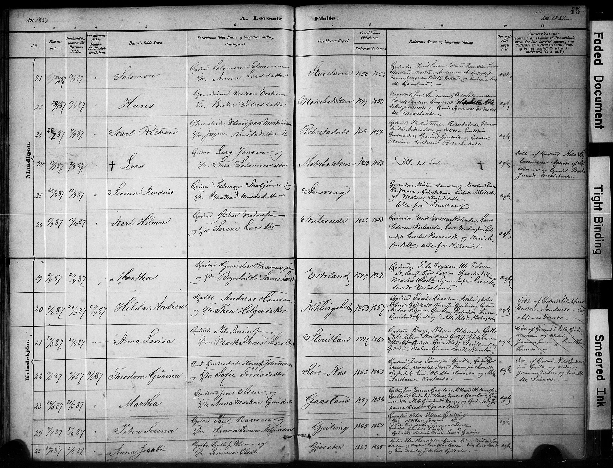Finnås sokneprestembete, SAB/A-99925/H/Ha/Hab/Habb/L0003: Parish register (copy) no. B 3, 1882-1897, p. 45