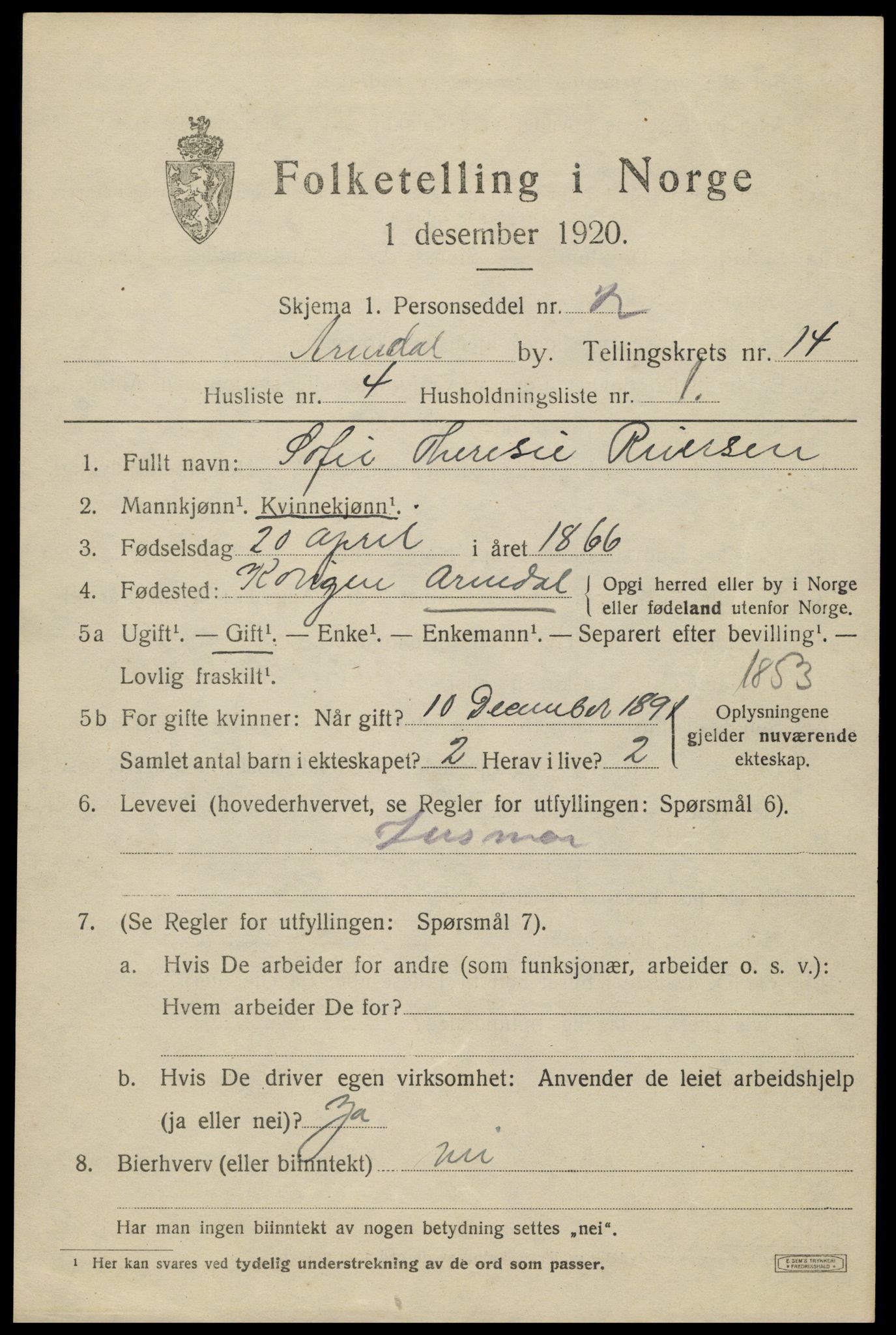 SAK, 1920 census for Arendal, 1920, p. 21042