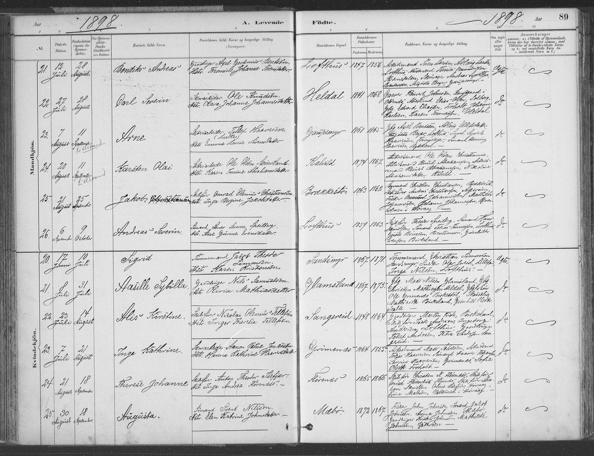 Vestre Moland sokneprestkontor, SAK/1111-0046/F/Fa/Fab/L0009: Parish register (official) no. A 9, 1884-1899, p. 89
