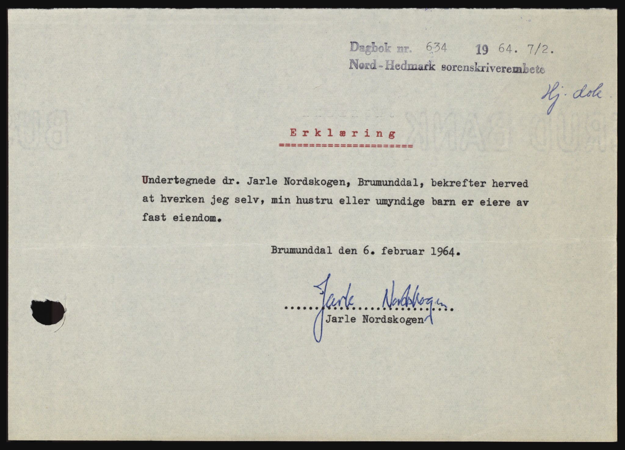 Nord-Hedmark sorenskriveri, SAH/TING-012/H/Hc/L0019: Mortgage book no. 19, 1963-1964, Diary no: : 634/1964