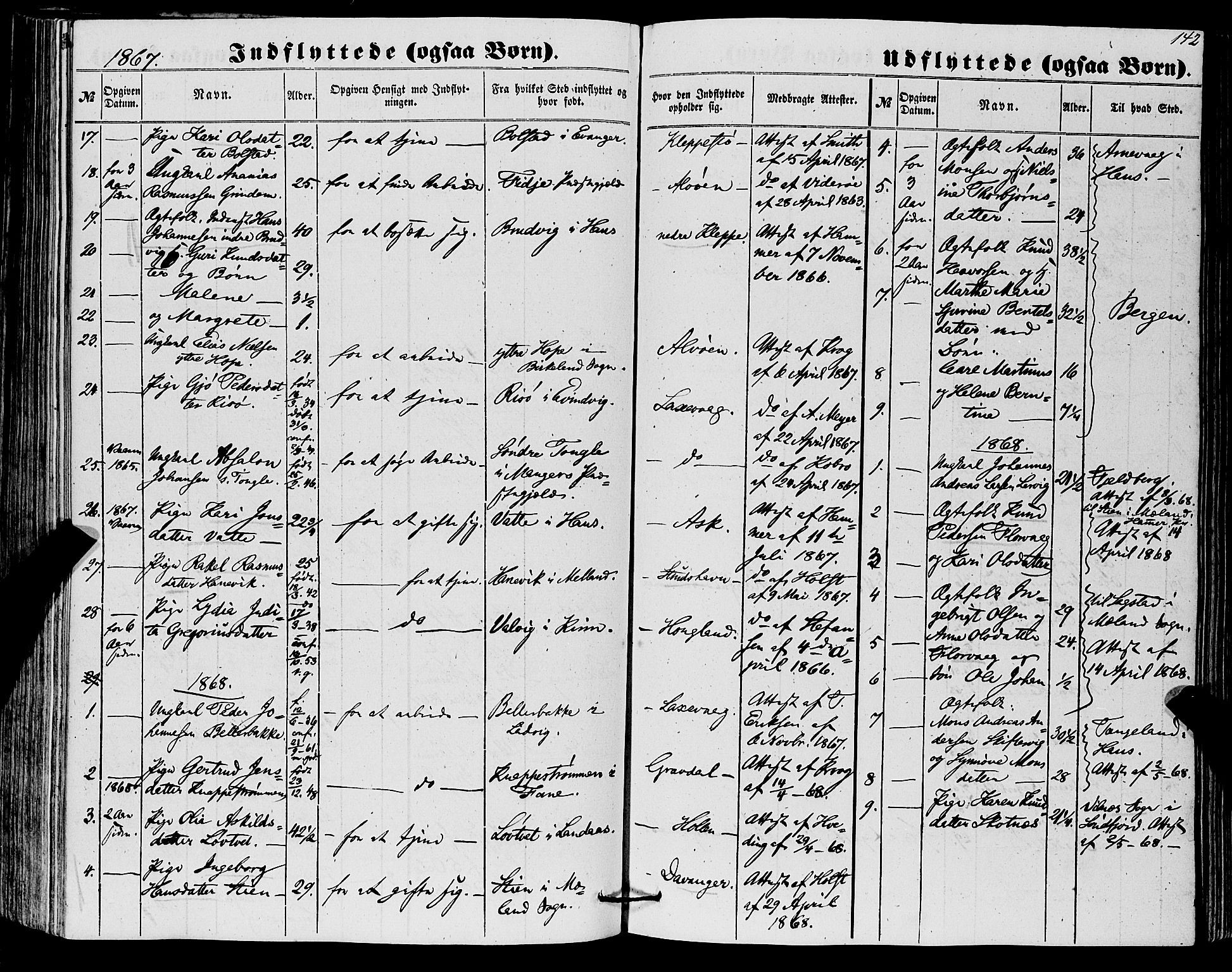 Askøy Sokneprestembete, SAB/A-74101/H/Ha/Haa/Haaa/L0012: Parish register (official) no. A 12, 1855-1877, p. 142