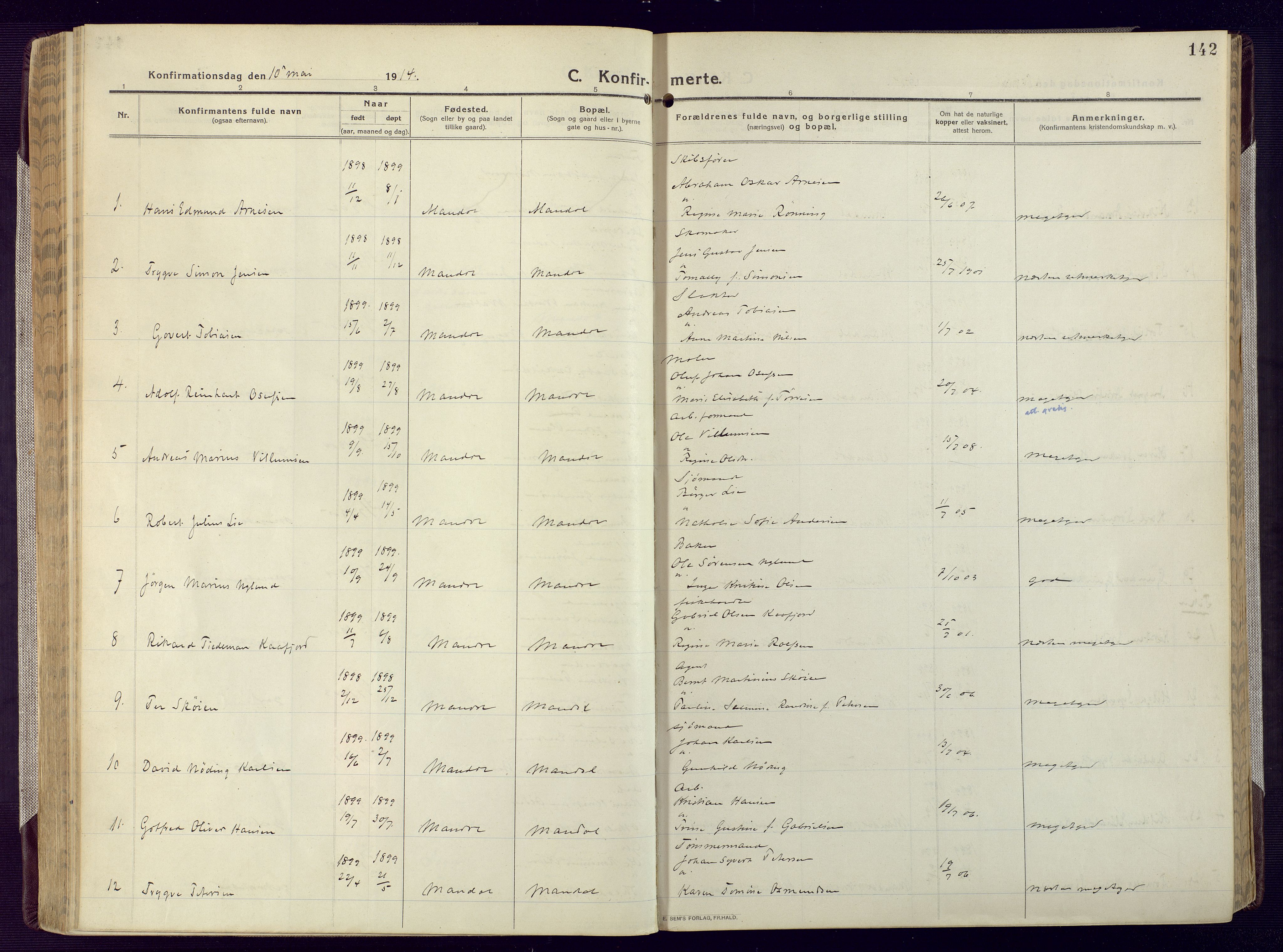 Mandal sokneprestkontor, SAK/1111-0030/F/Fa/Fac/L0001: Parish register (official) no. A 1, 1913-1925, p. 142