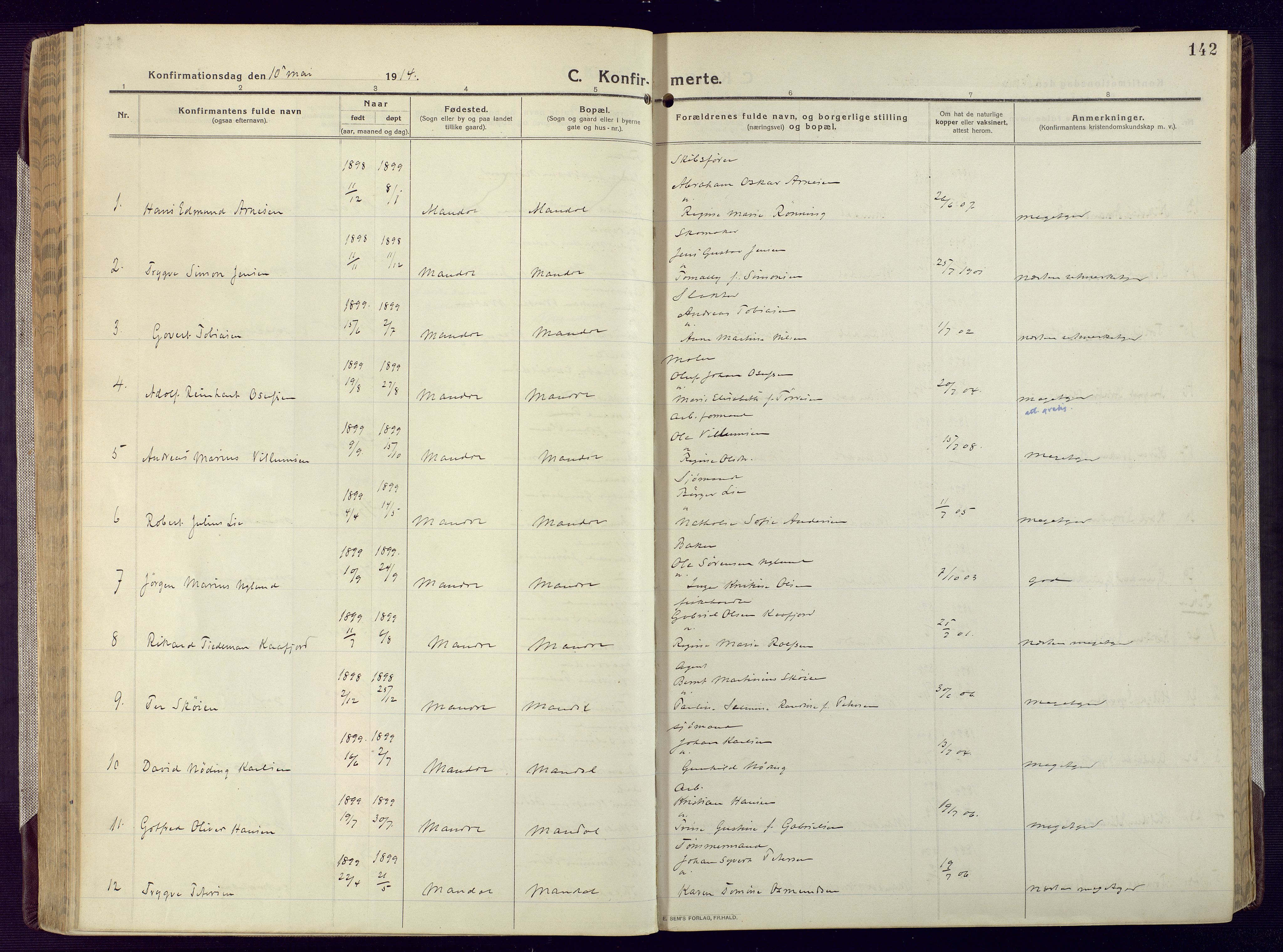 Mandal sokneprestkontor, AV/SAK-1111-0030/F/Fa/Fac/L0001: Parish register (official) no. A 1, 1913-1925, p. 142