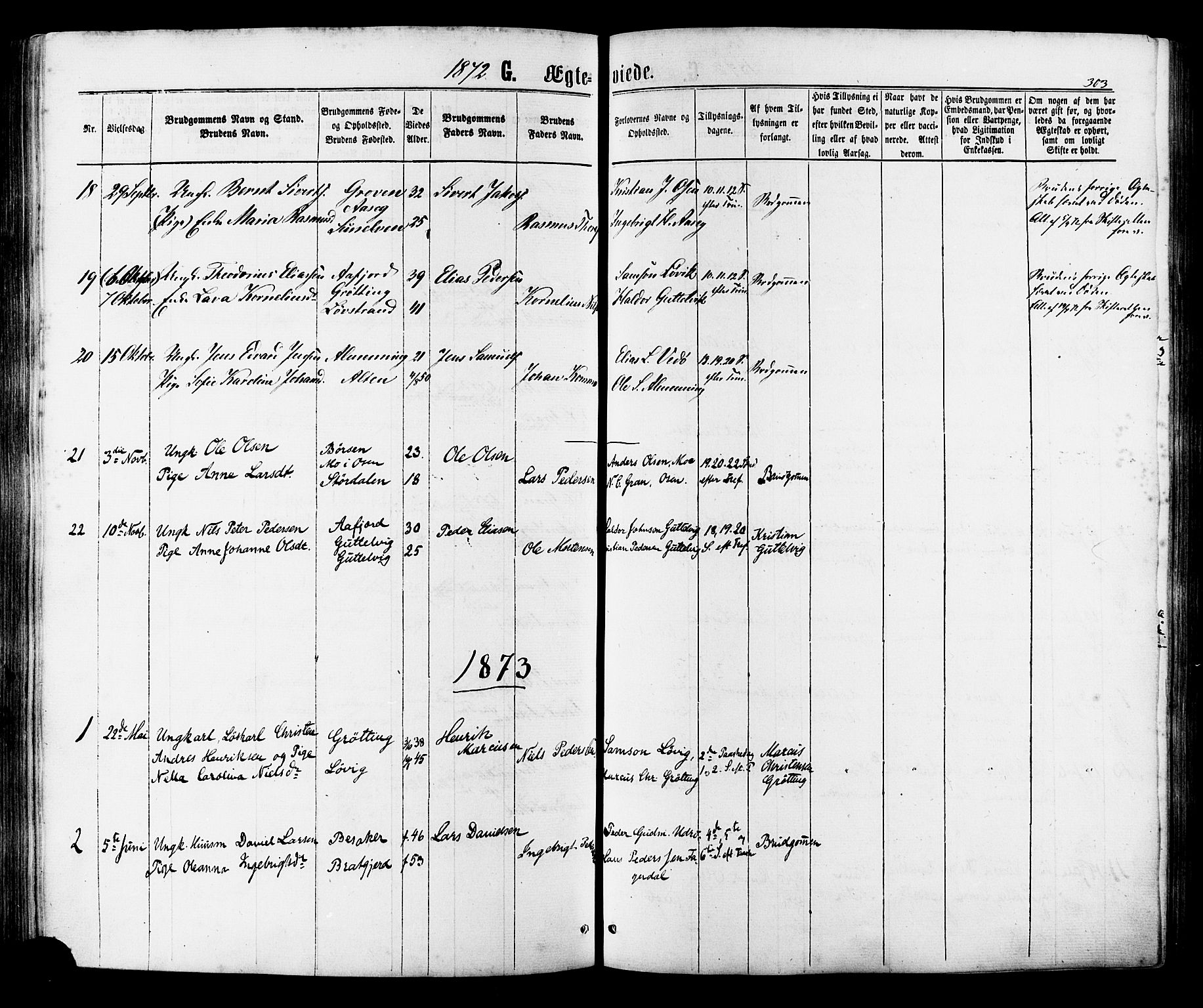 Ministerialprotokoller, klokkerbøker og fødselsregistre - Sør-Trøndelag, SAT/A-1456/657/L0706: Parish register (official) no. 657A07, 1867-1878, p. 303