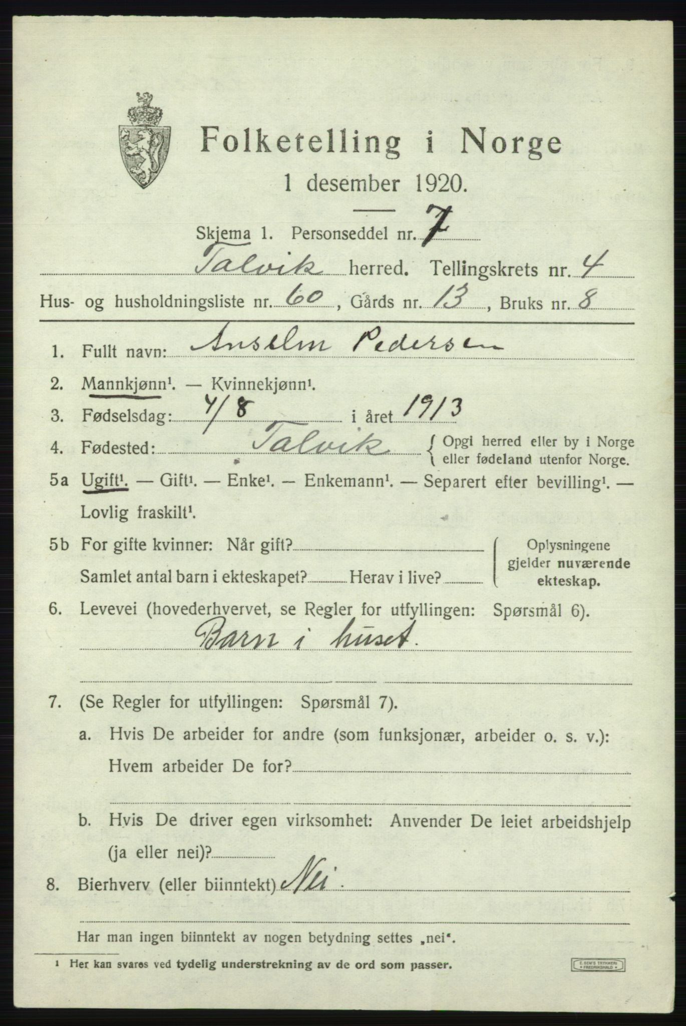 SATØ, 1920 census for Talvik, 1920, p. 3276