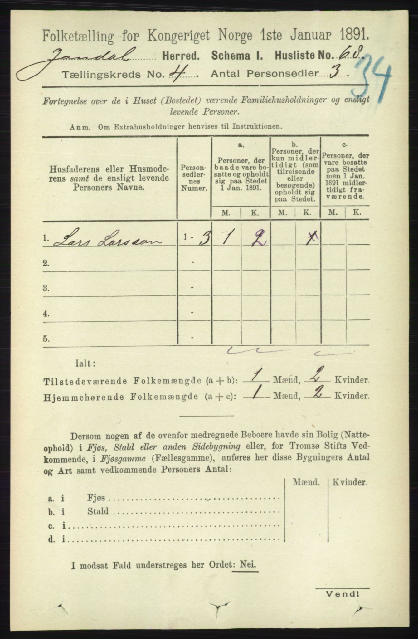 RA, 1891 census for 1227 Jondal, 1891, p. 2058