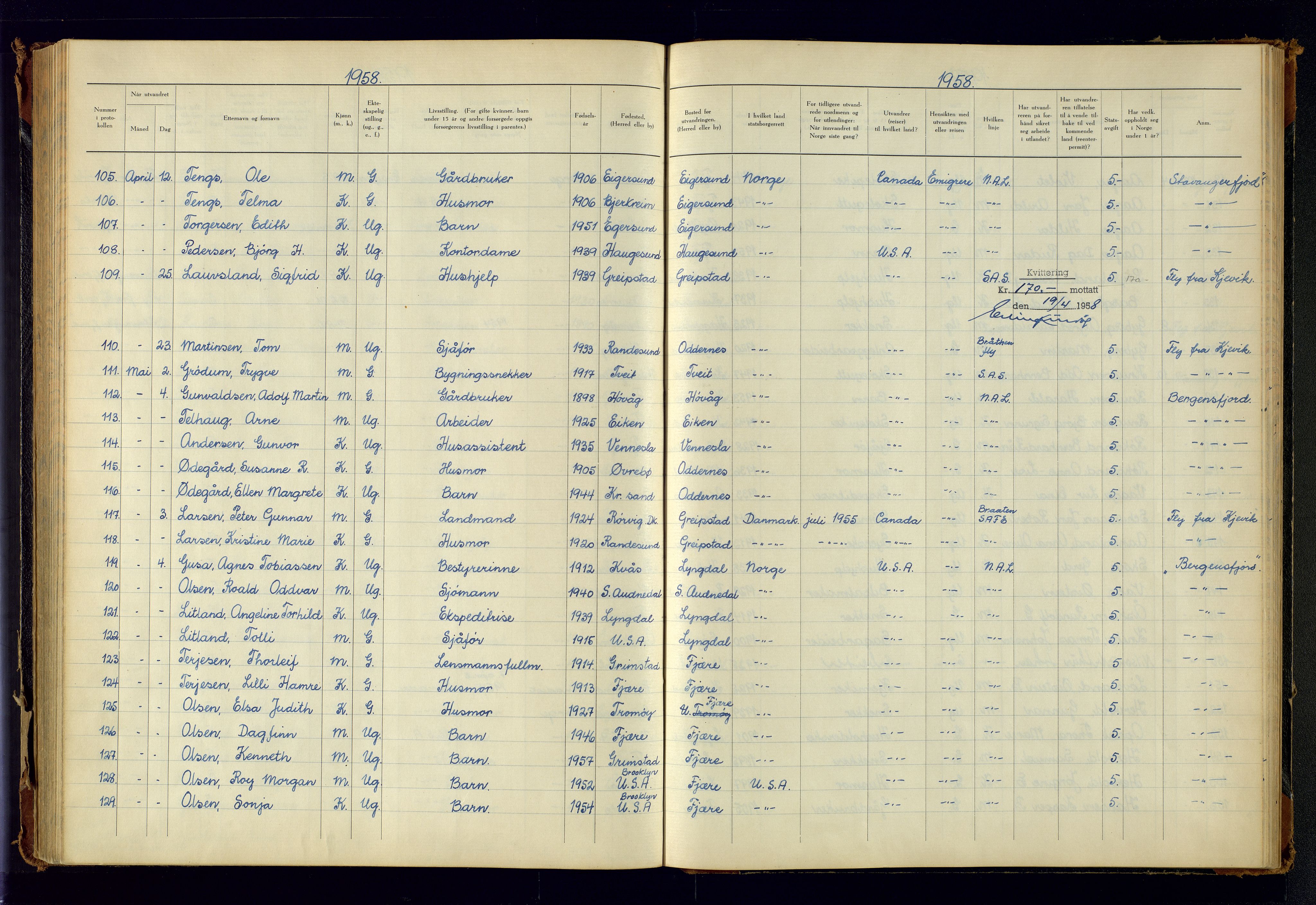 Kristiansand politikammer, AV/SAK-1243-0004/K/Kb/L0249: Emigrantprotokoll, 1951-1961, p. 140