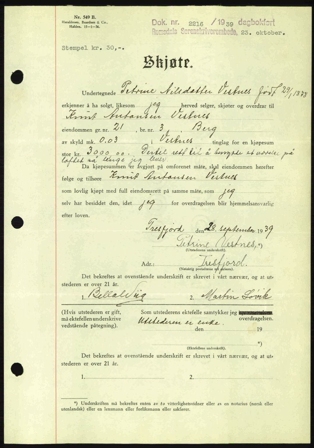 Romsdal sorenskriveri, AV/SAT-A-4149/1/2/2C: Mortgage book no. A7, 1939-1939, Diary no: : 2216/1939