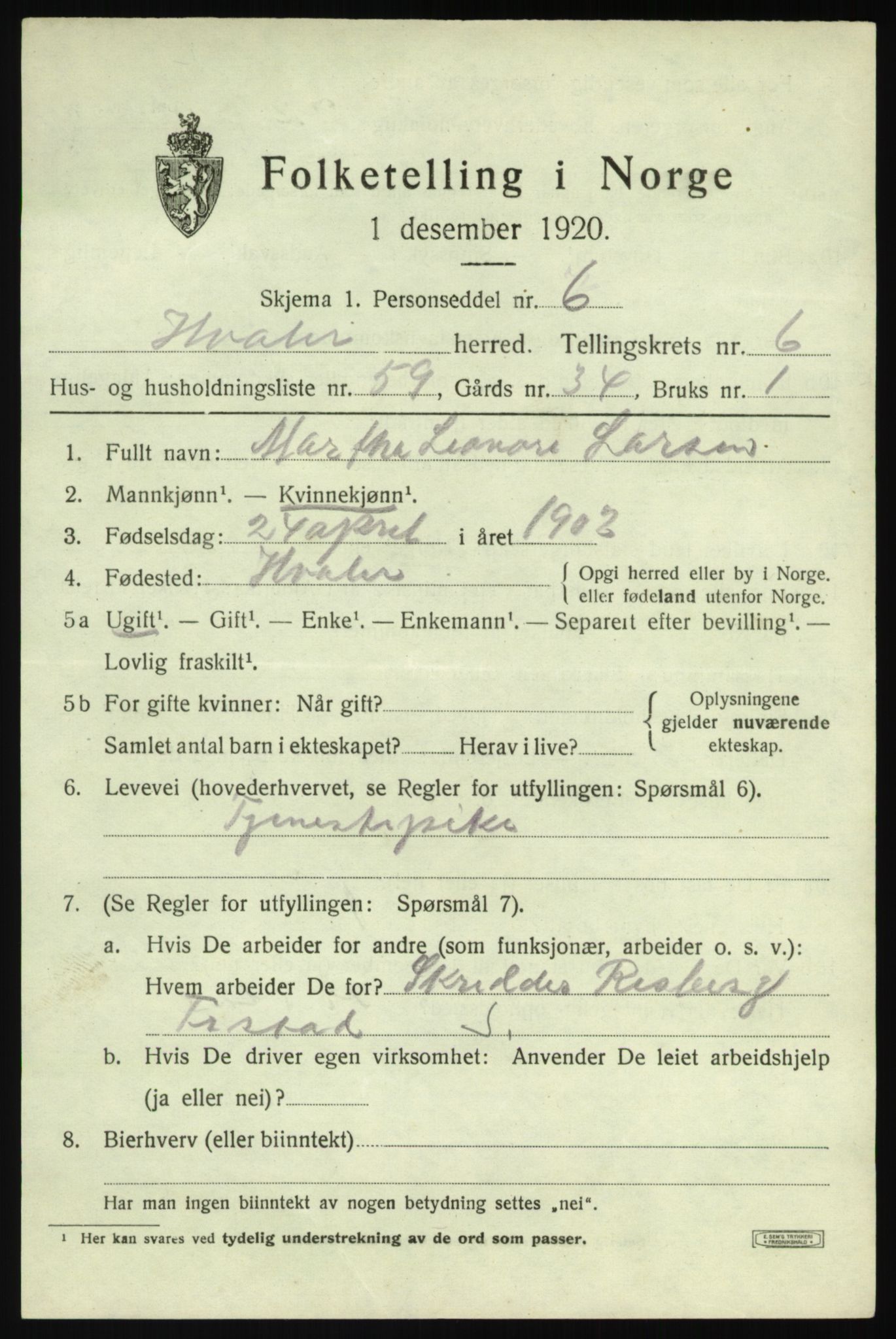 SAO, 1920 census for Hvaler, 1920, p. 6408