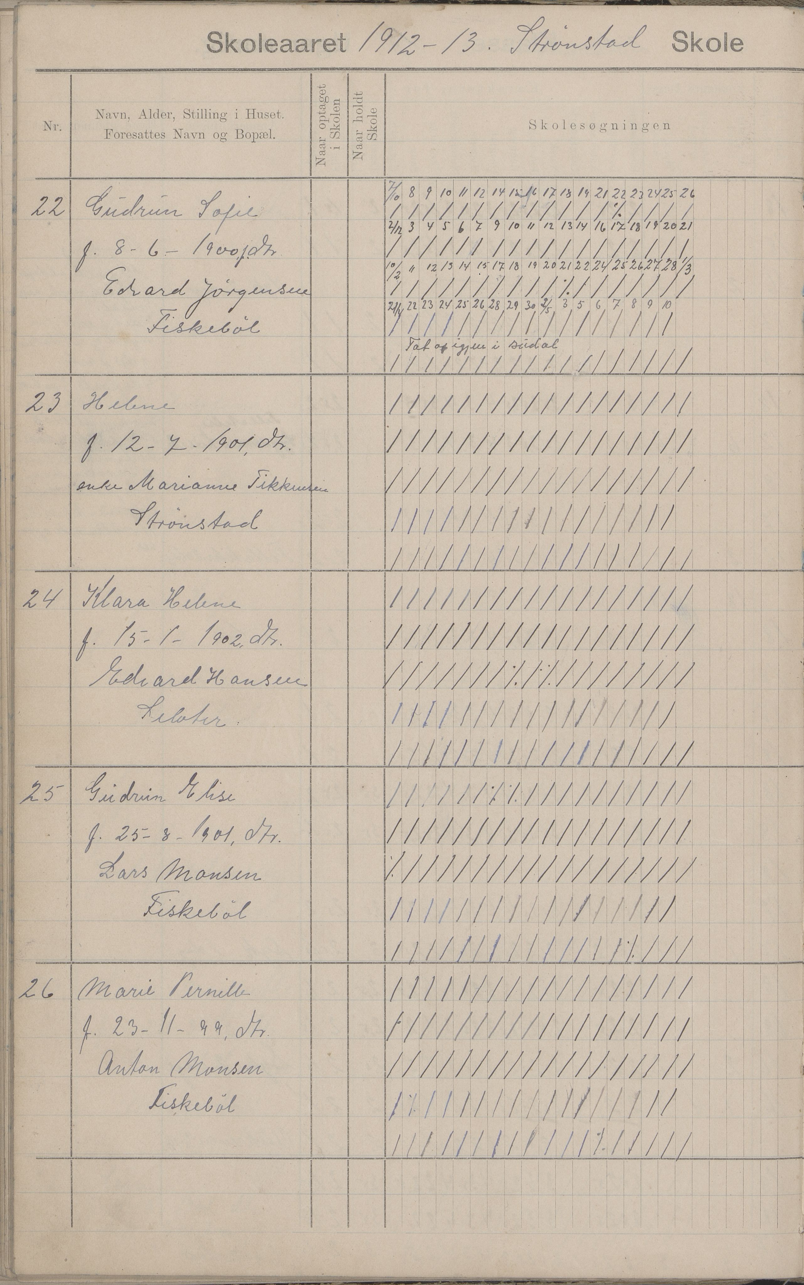 Hadsel kommune. Strønstad skolekrets, AIN/K-18660.510.13/G/L0001: Skoleprotokoll for Strønstad skole - Seloter, 1905-1914