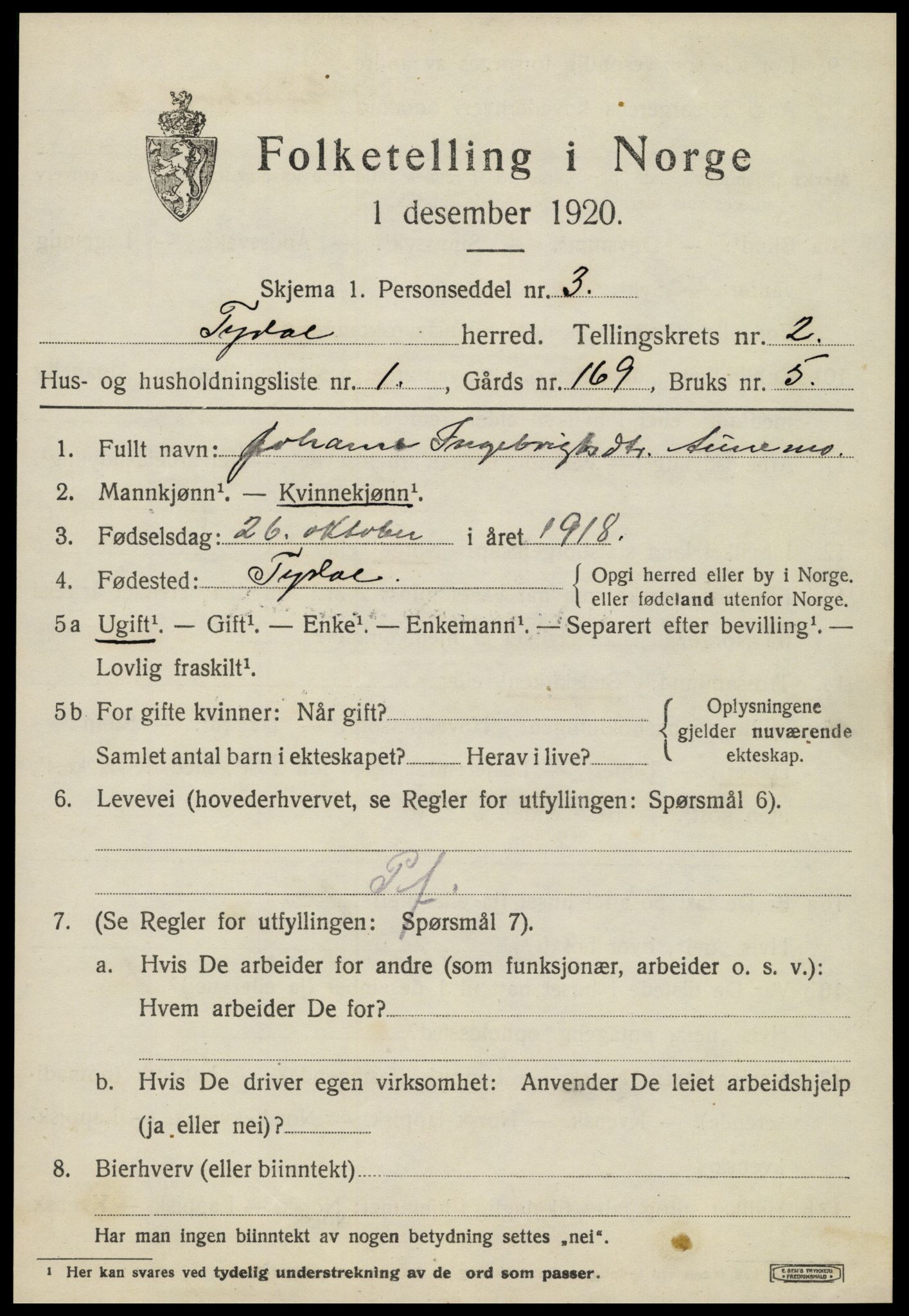 SAT, 1920 census for Tydal, 1920, p. 571