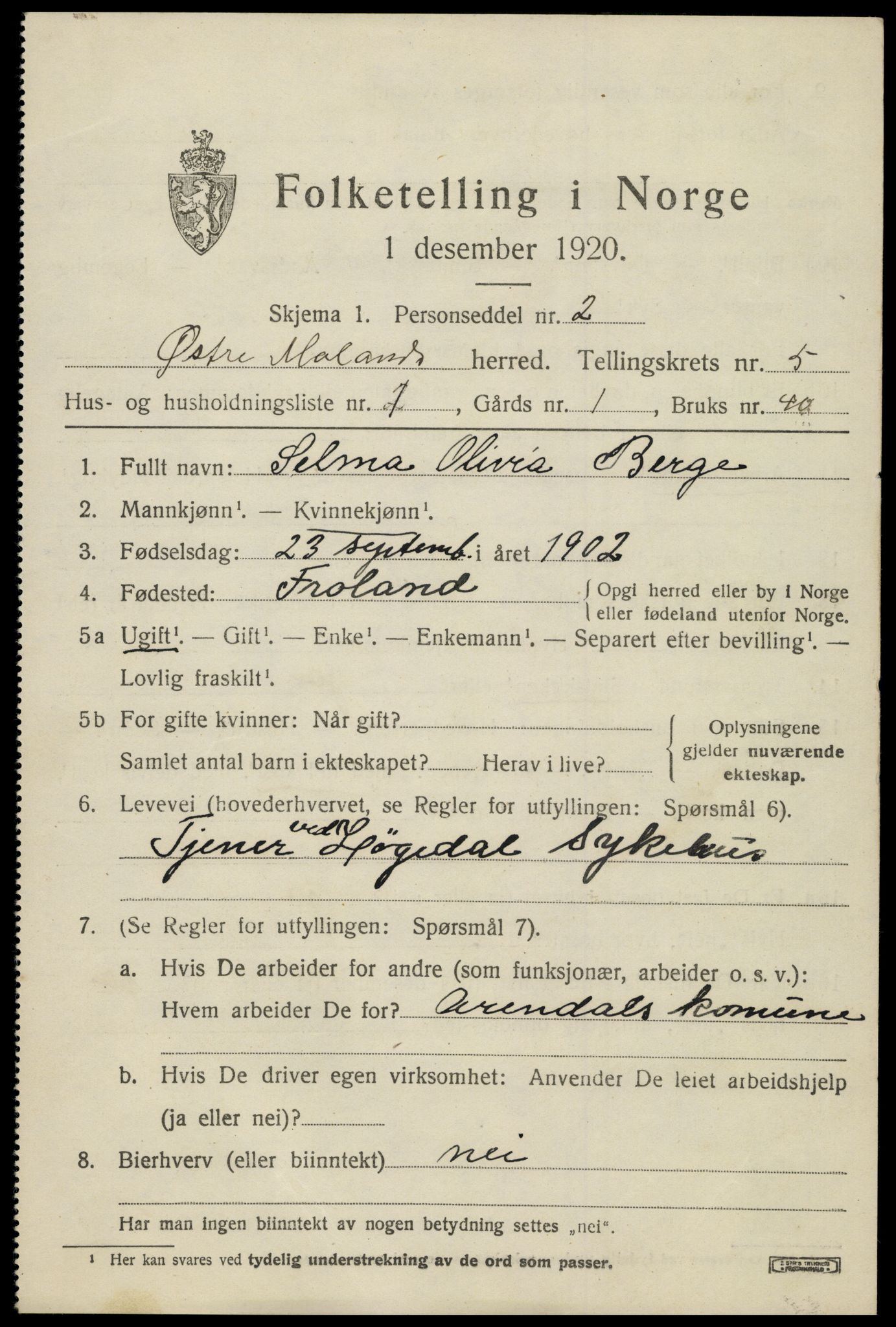 SAK, 1920 census for Austre Moland, 1920, p. 2695