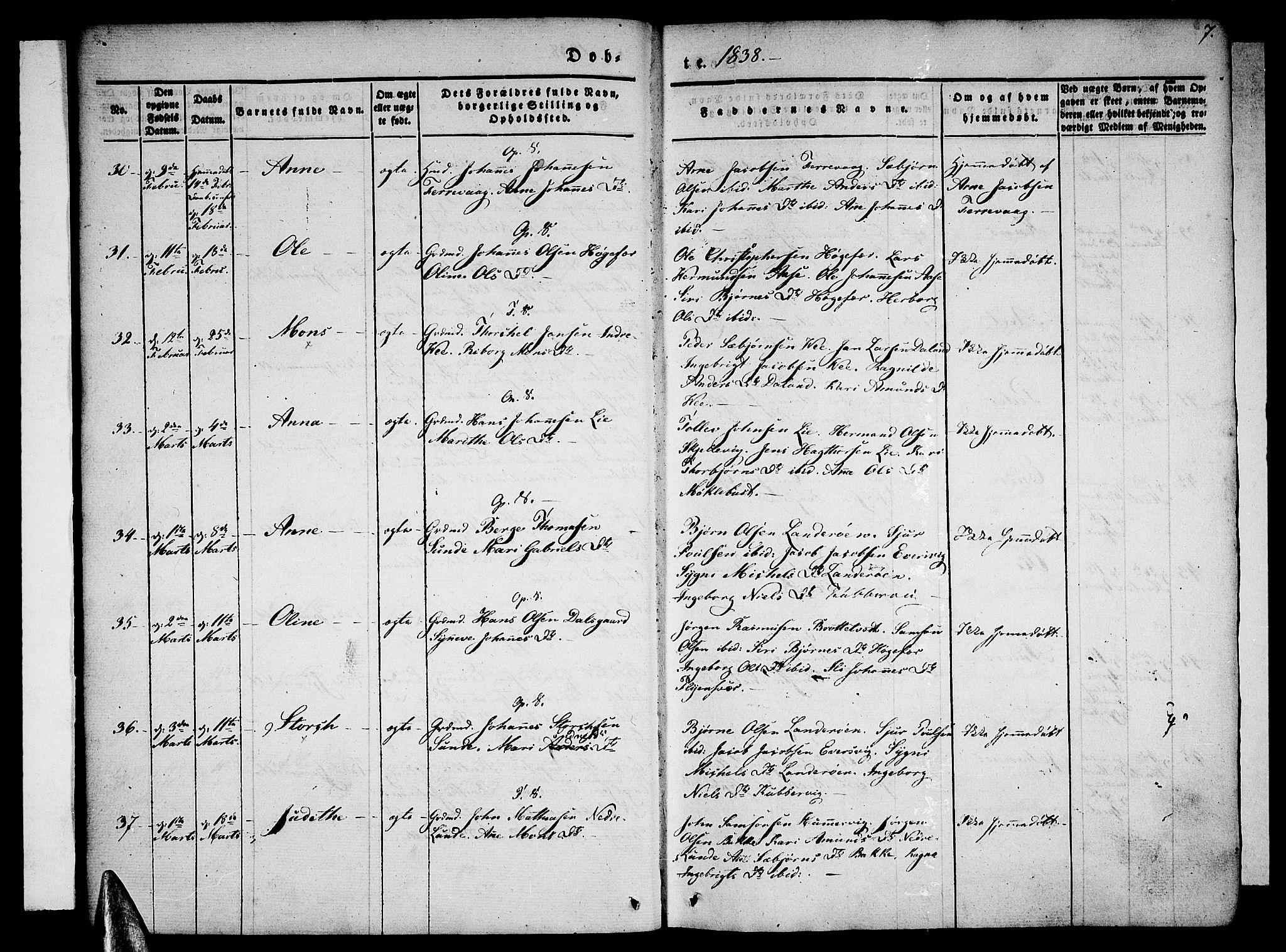 Tysnes sokneprestembete, AV/SAB-A-78601/H/Haa: Parish register (official) no. A 9, 1837-1848, p. 7
