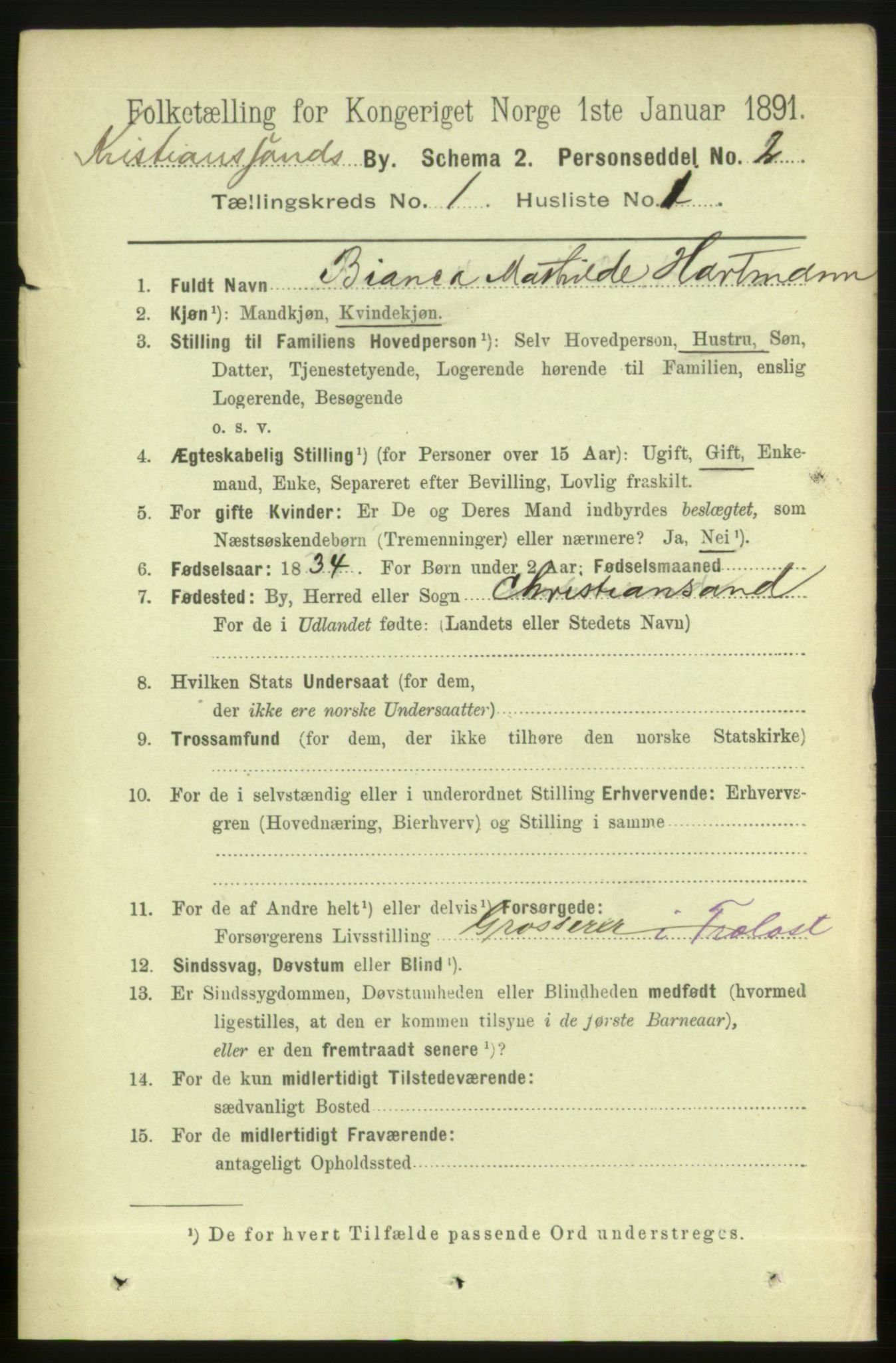 RA, 1891 census for 1001 Kristiansand, 1891, p. 2812