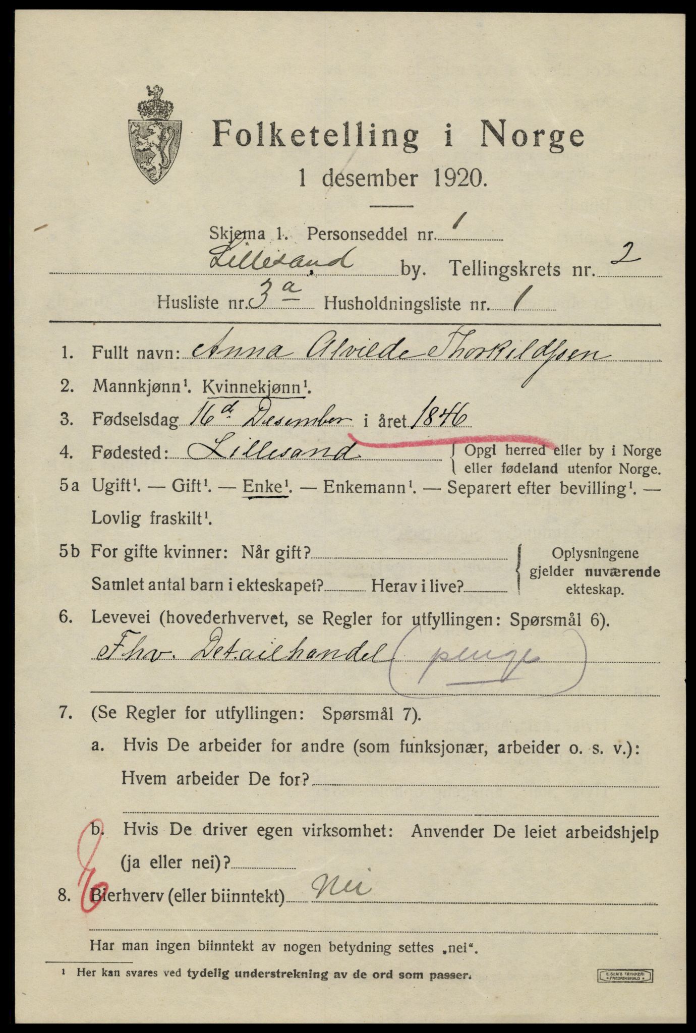 SAK, 1920 census for Lillesand, 1920, p. 2331