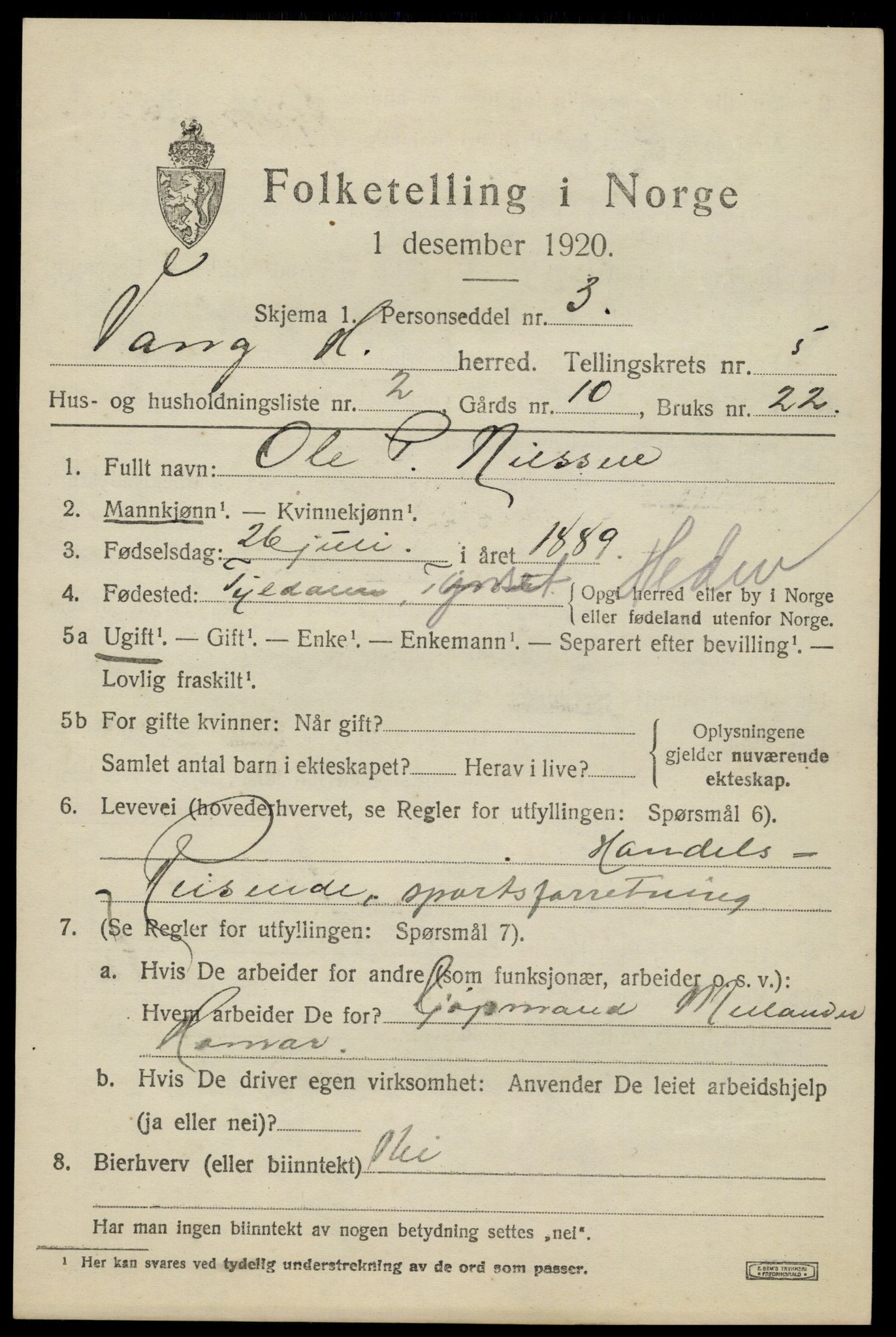 SAH, 1920 census for Vang (Hedmark), 1920, p. 13855