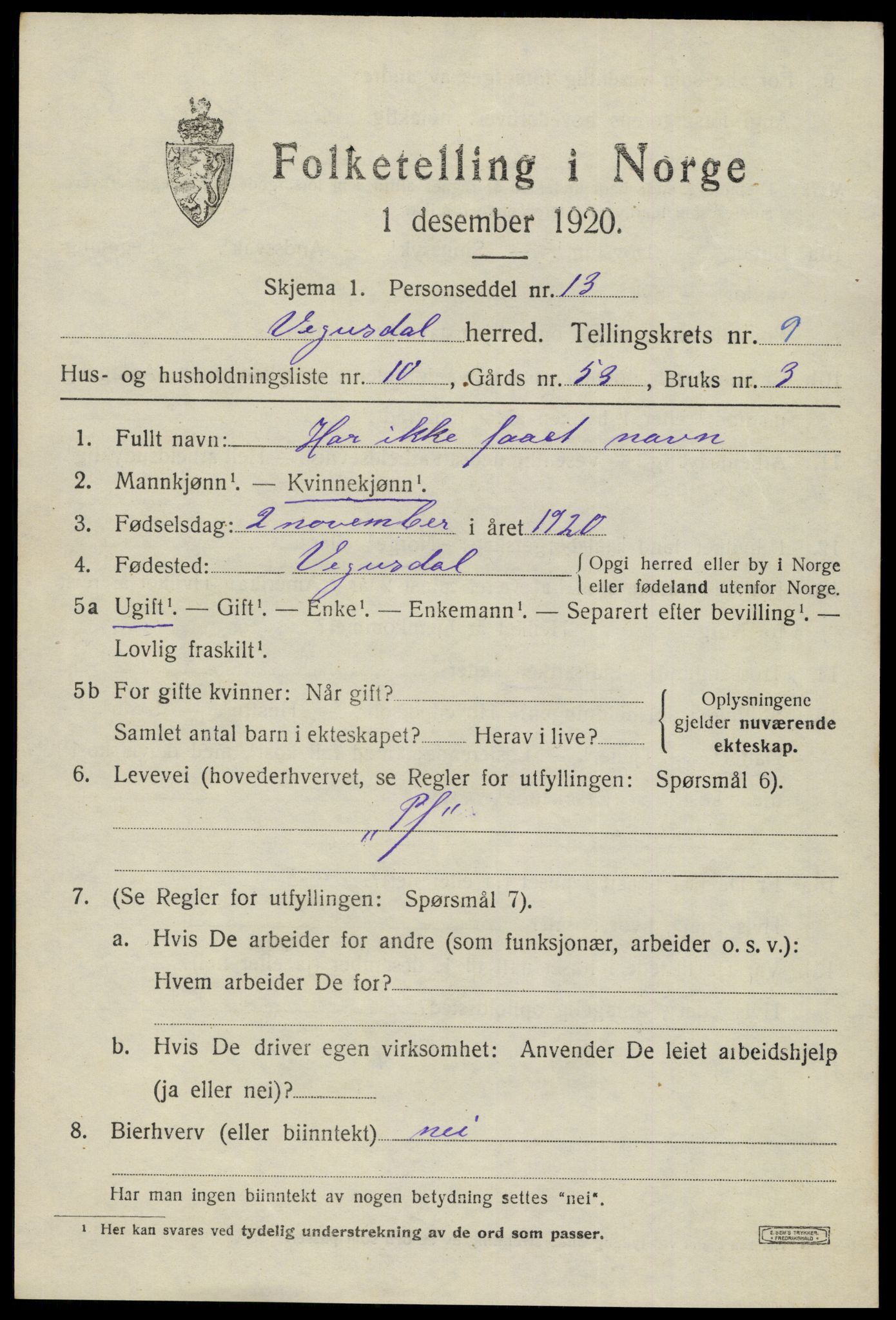 SAK, 1920 census for Vegusdal, 1920, p. 2059