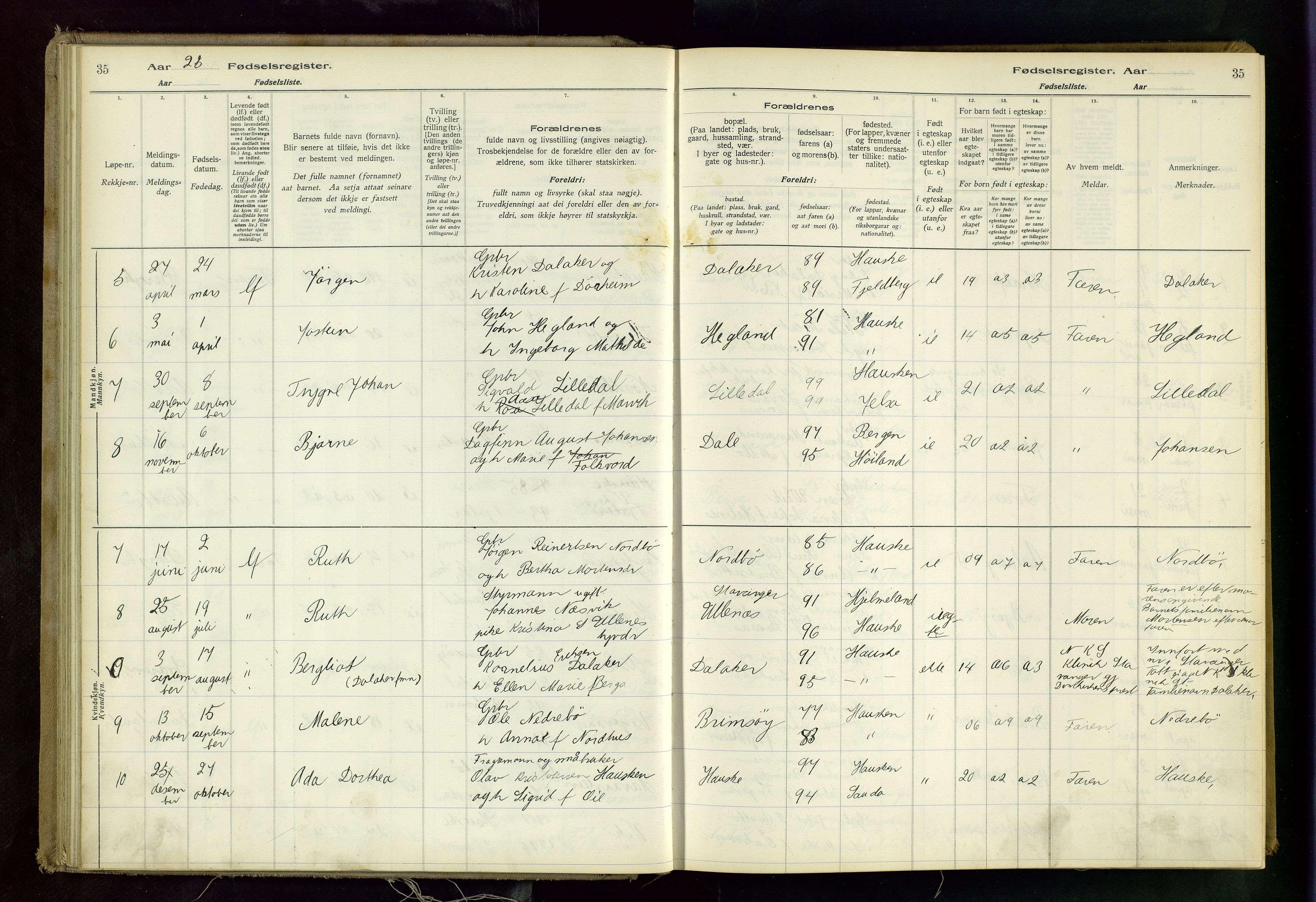 Rennesøy sokneprestkontor, AV/SAST-A -101827/I/Id/L0001: Birth register no. 1, 1916-1982, p. 35