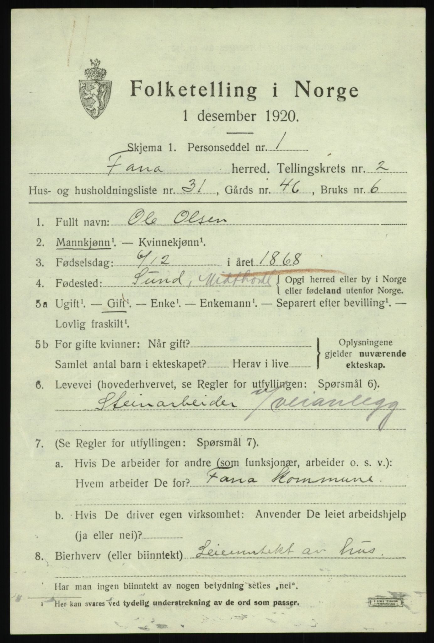 SAB, 1920 census for Fana, 1920, p. 4829