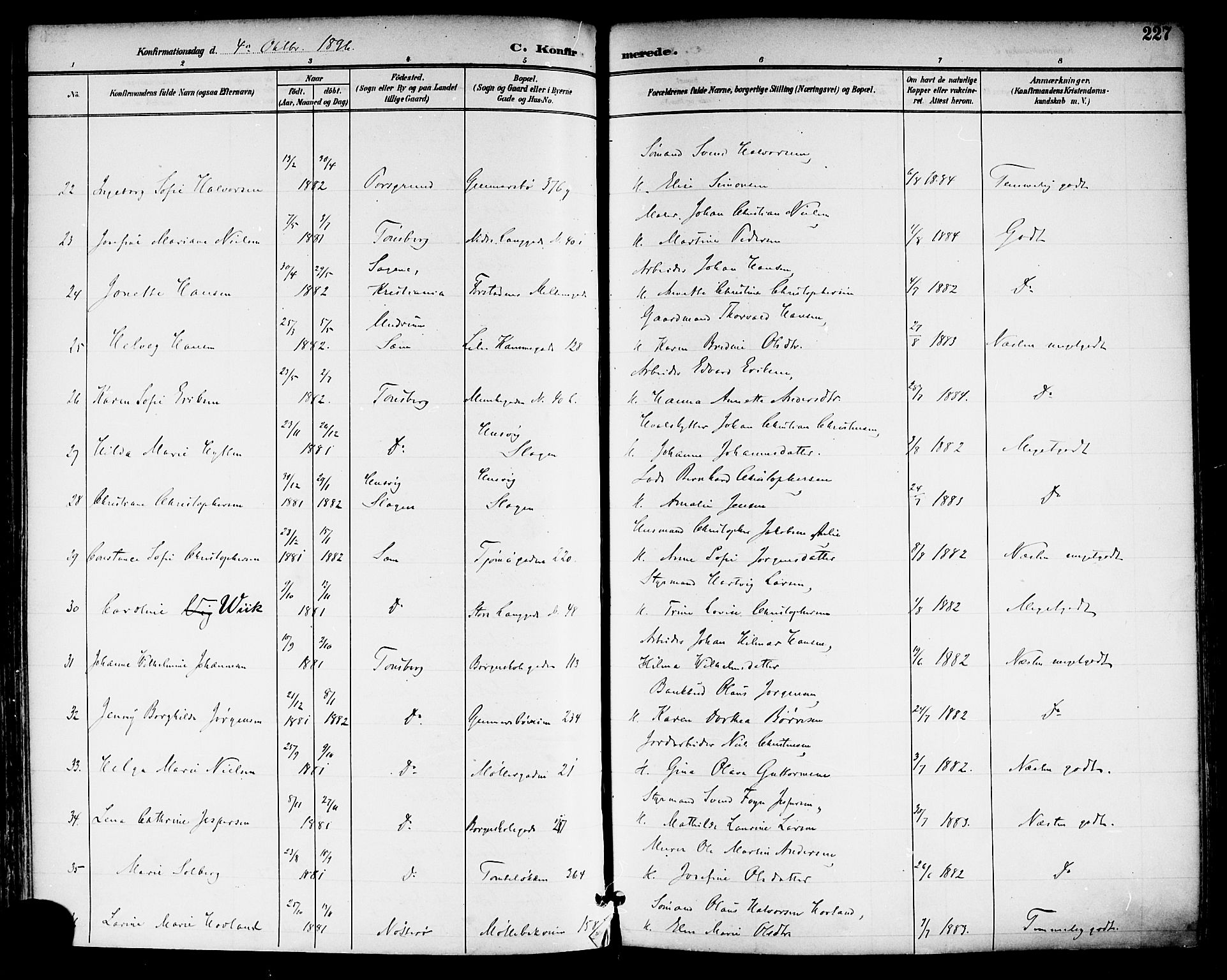 Tønsberg kirkebøker, AV/SAKO-A-330/F/Fa/L0012: Parish register (official) no. I 12, 1891-1899, p. 227