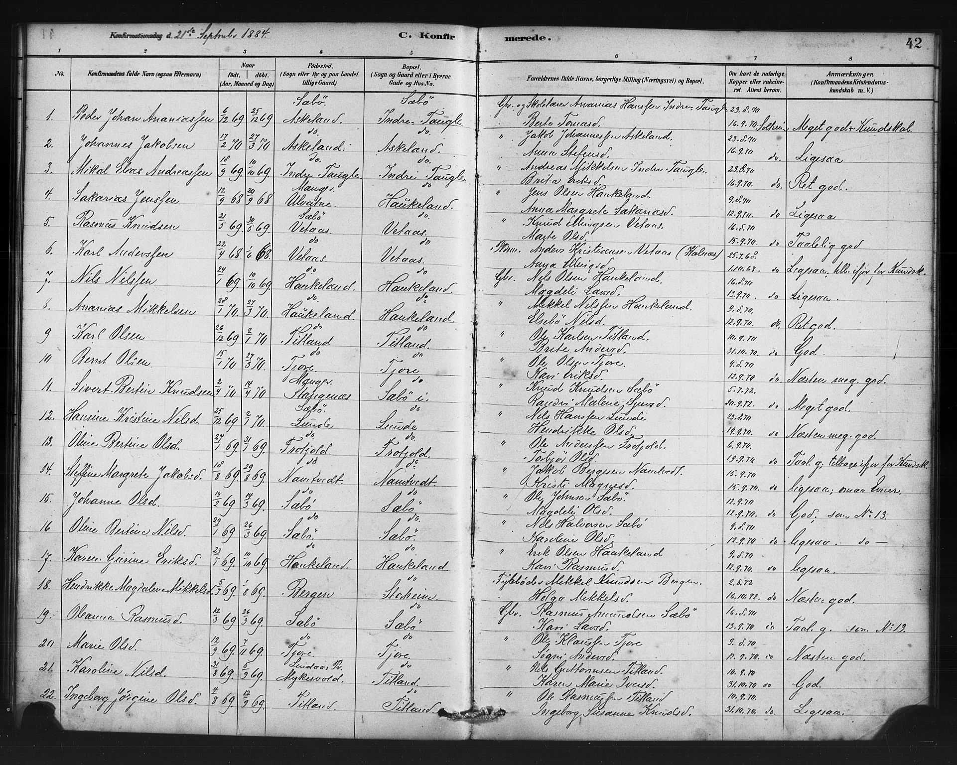 Manger sokneprestembete, SAB/A-76801/H/Haa: Parish register (official) no. D 1, 1881-1892, p. 42